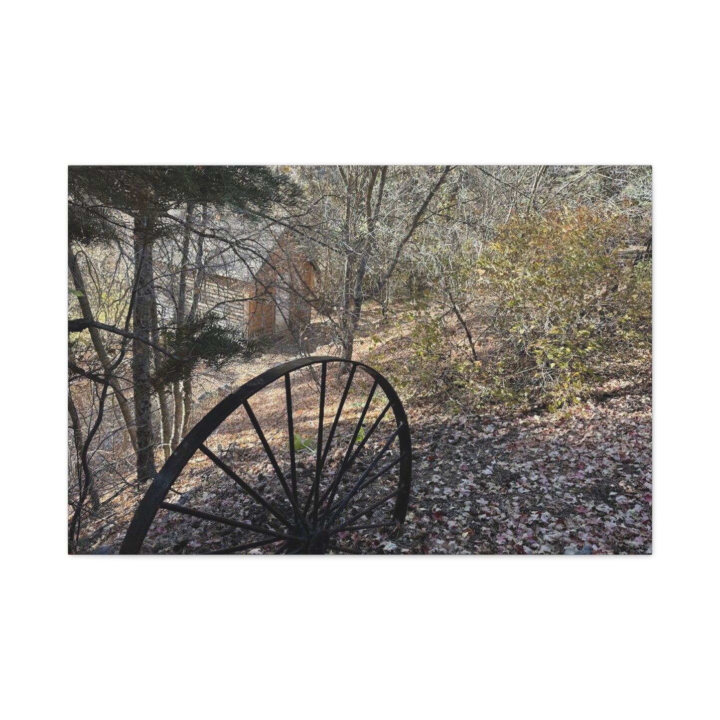 Rustic Landscape Canvas Wall Art - Nature Scene with Vintage Wheel