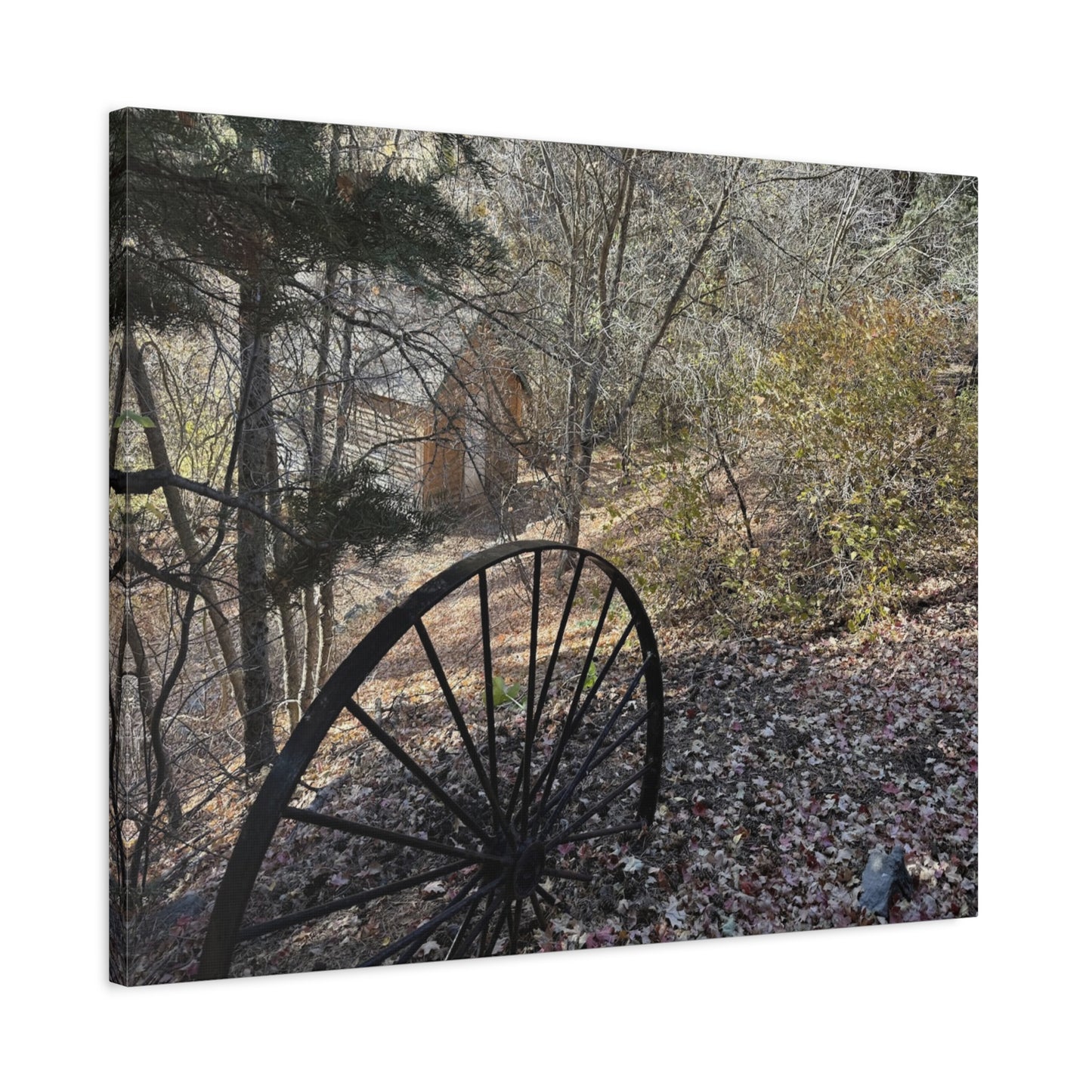 Rustic Landscape Canvas Wall Art - Nature Scene with Vintage Wheel