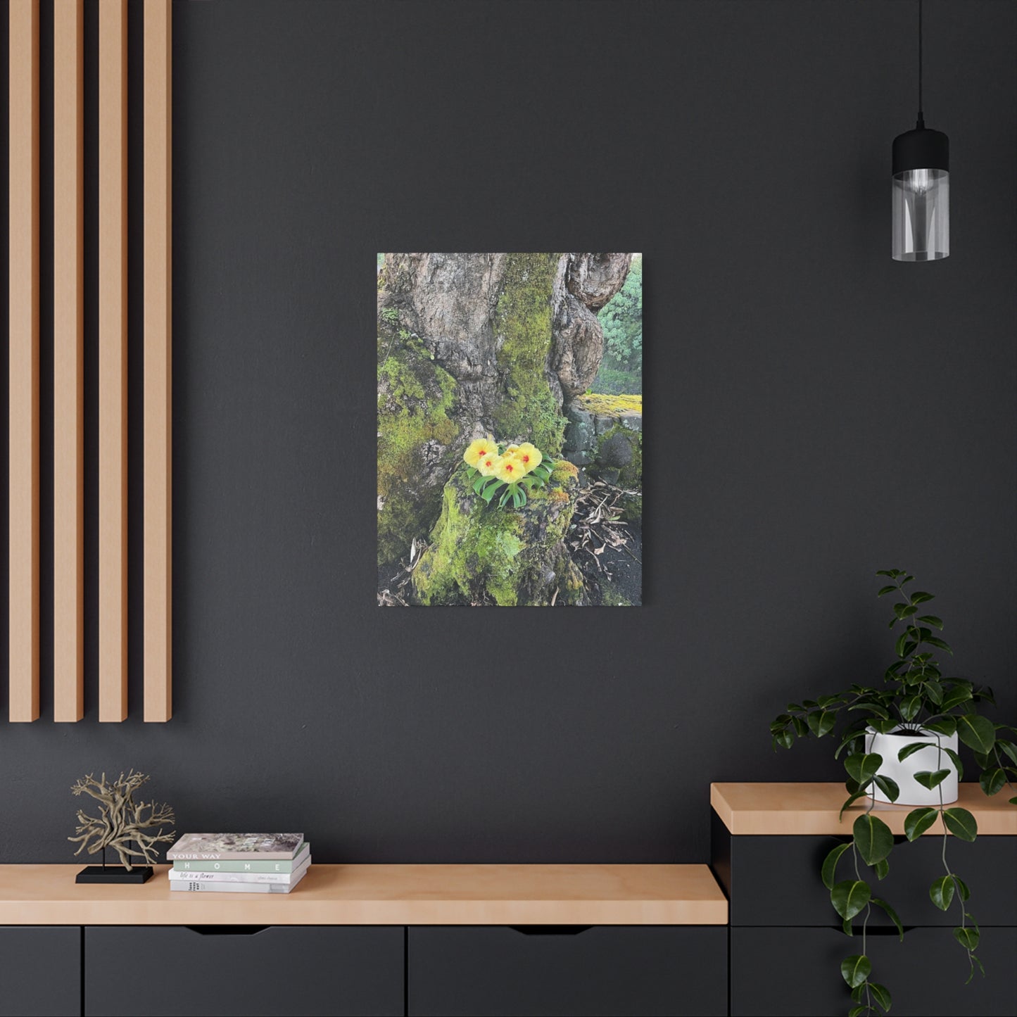 Floral Matte Canvas Art - Yellow Orchid and Moss Decor