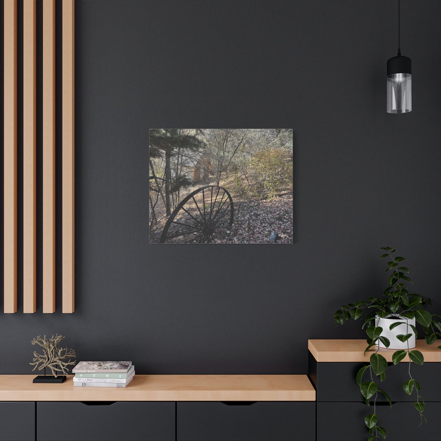 Rustic Landscape Canvas Wall Art - Nature Scene with Vintage Wheel