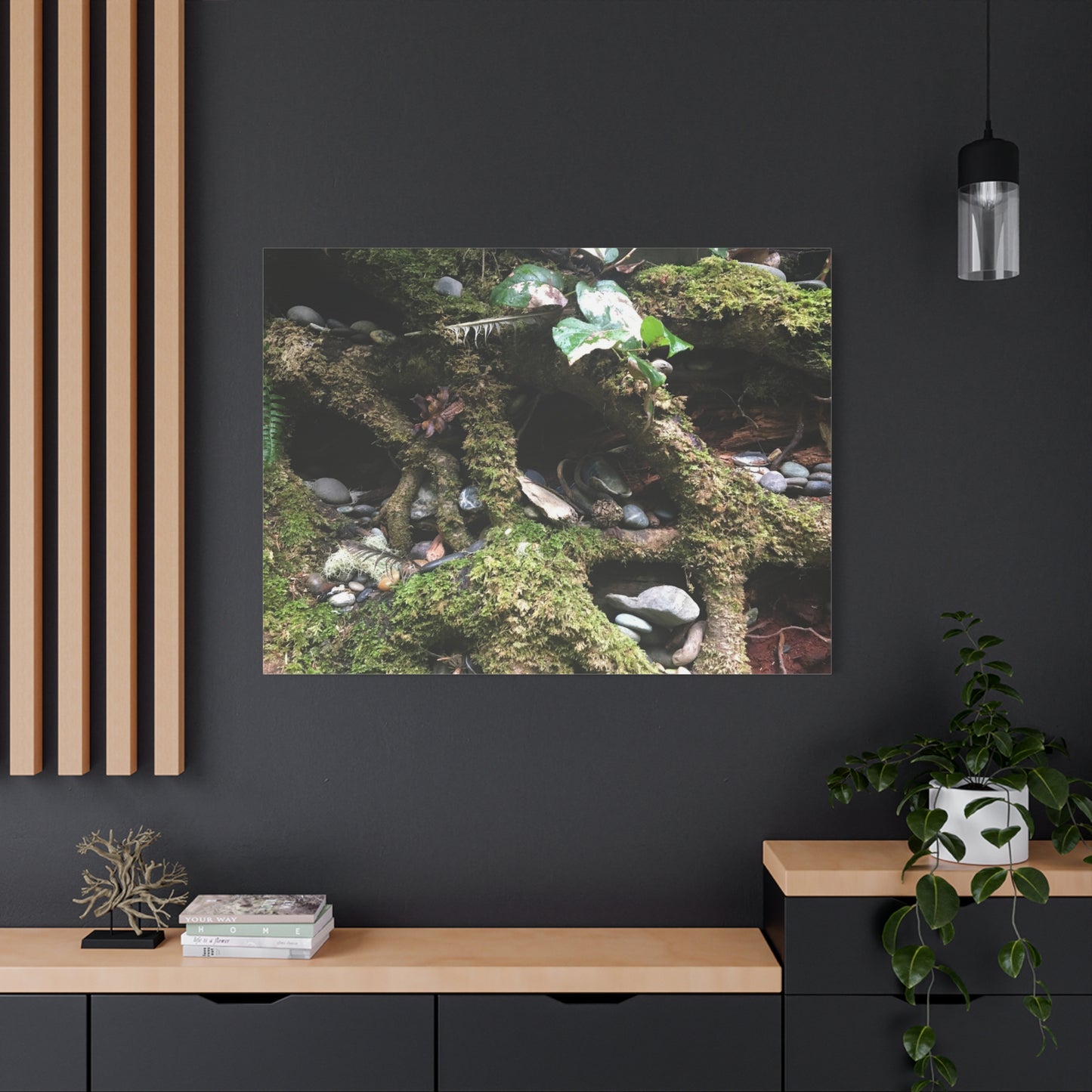 Nature-Inspired Matte Canvas Wall Art - Serene Root and Stone Design