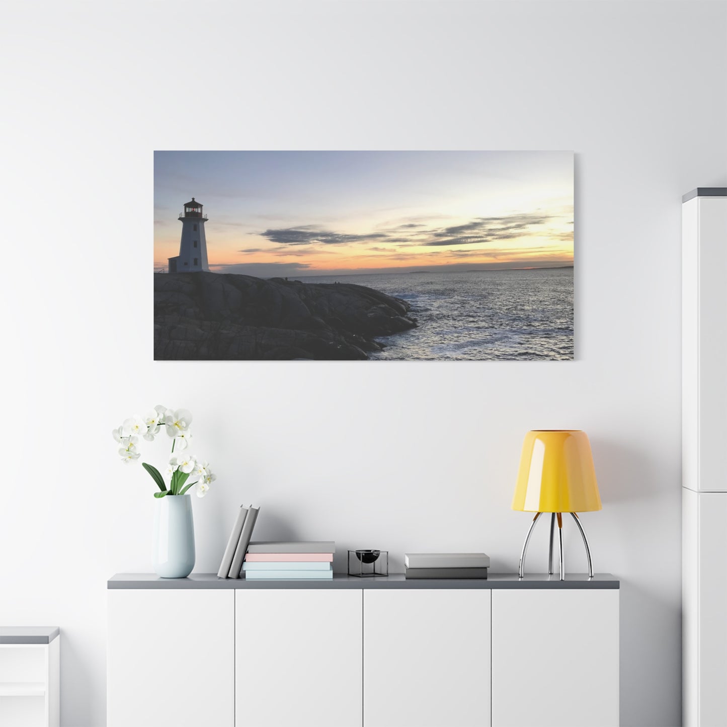 Sunset Lighthouse Canvas Print - Coastal Decor for Beach Lovers Peggys Cove