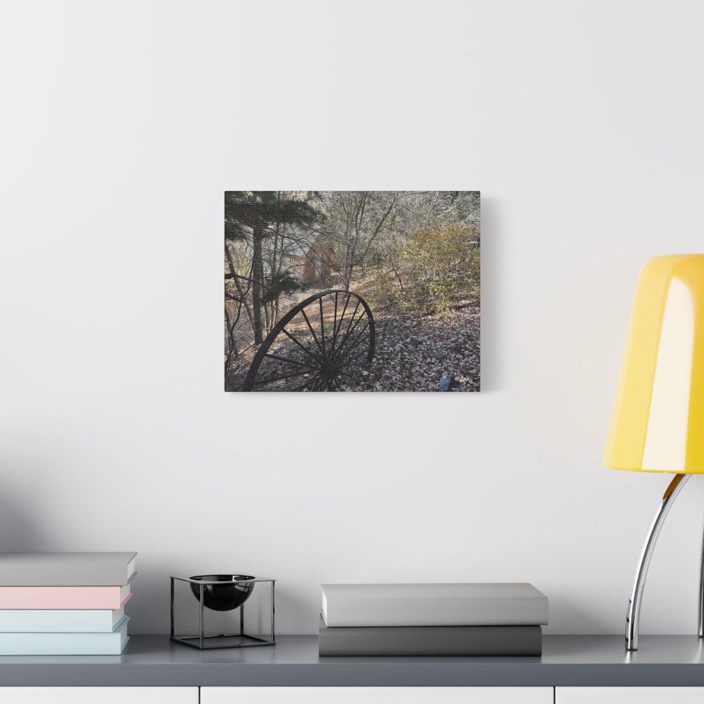 Rustic Landscape Canvas Wall Art - Nature Scene with Vintage Wheel