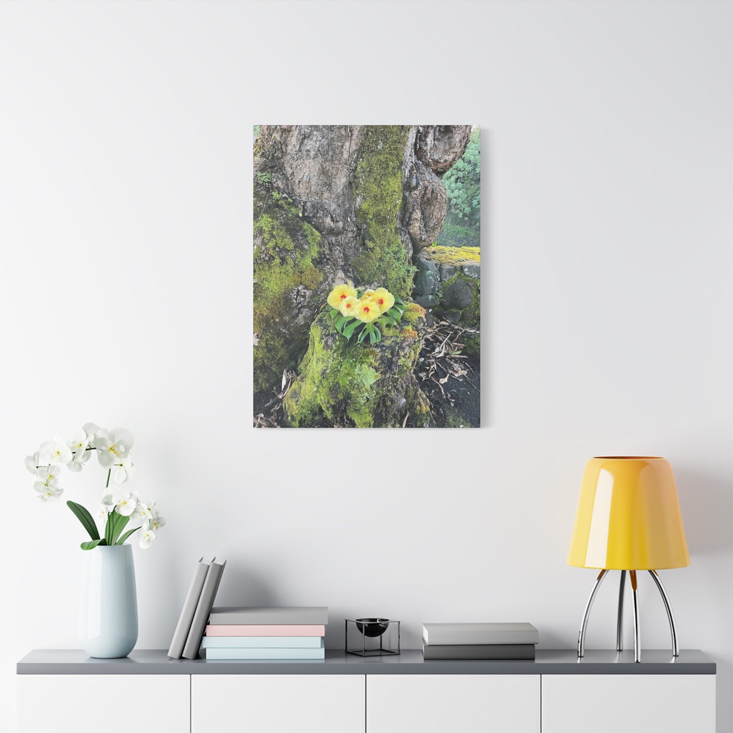 Floral Matte Canvas Art - Yellow Orchid and Moss Decor