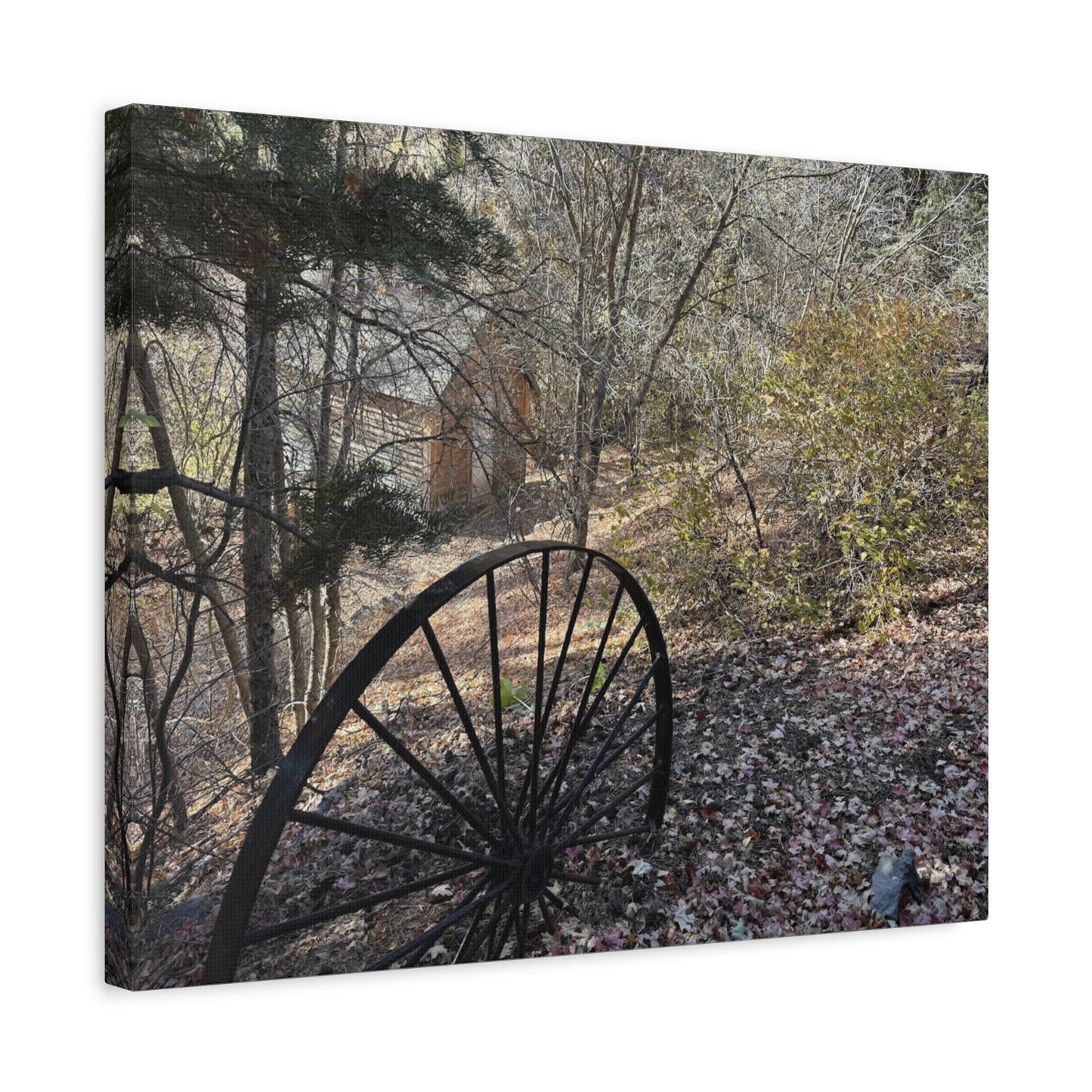 Rustic Landscape Canvas Wall Art - Nature Scene with Vintage Wheel