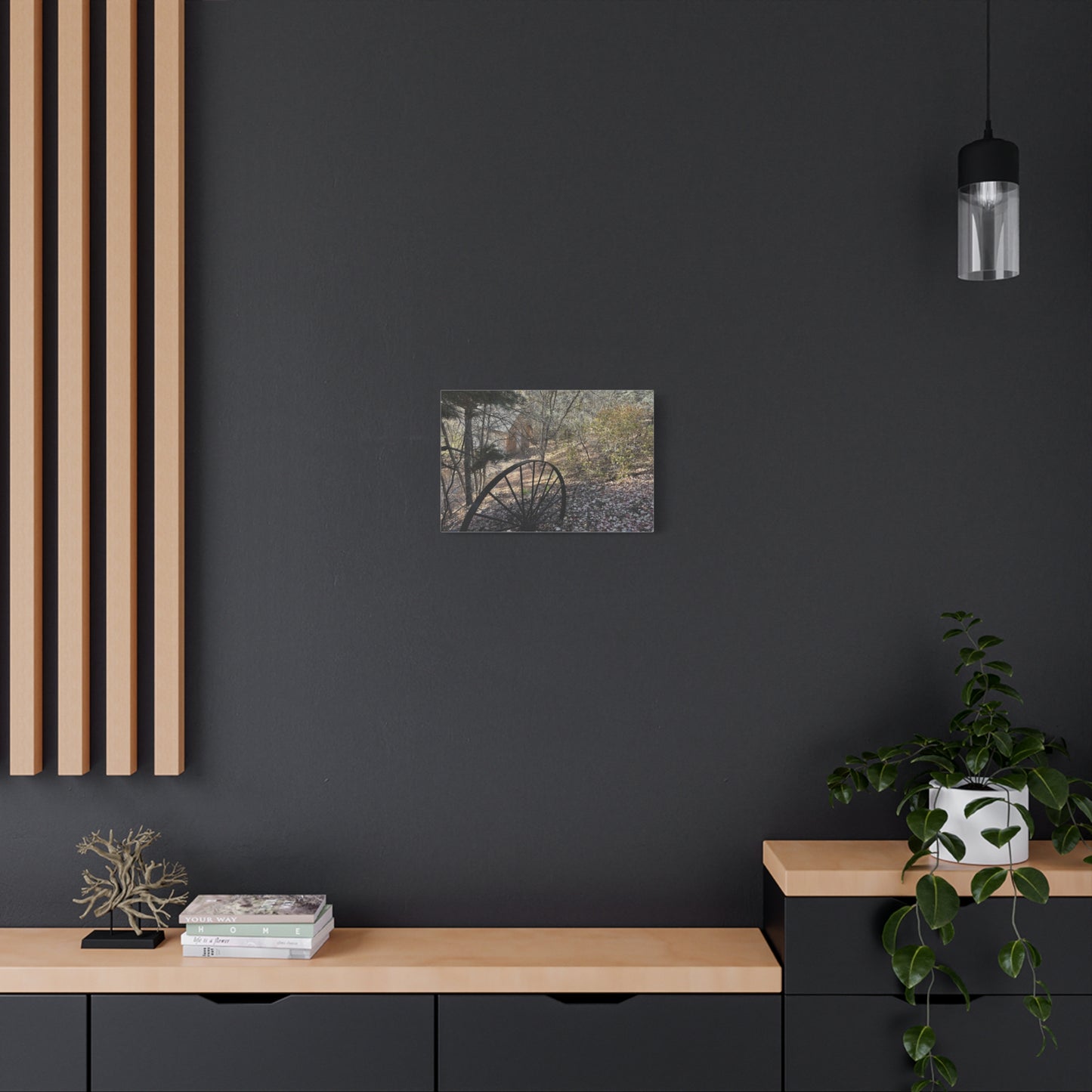 Rustic Landscape Canvas Wall Art - Nature Scene with Vintage Wheel