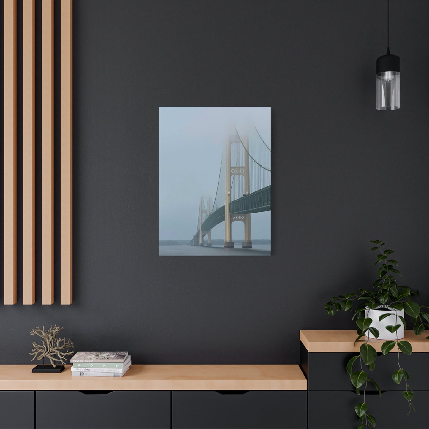 Foggy Bridge Art Canvas - 1.25" Stretched Wall Decor Mackinac