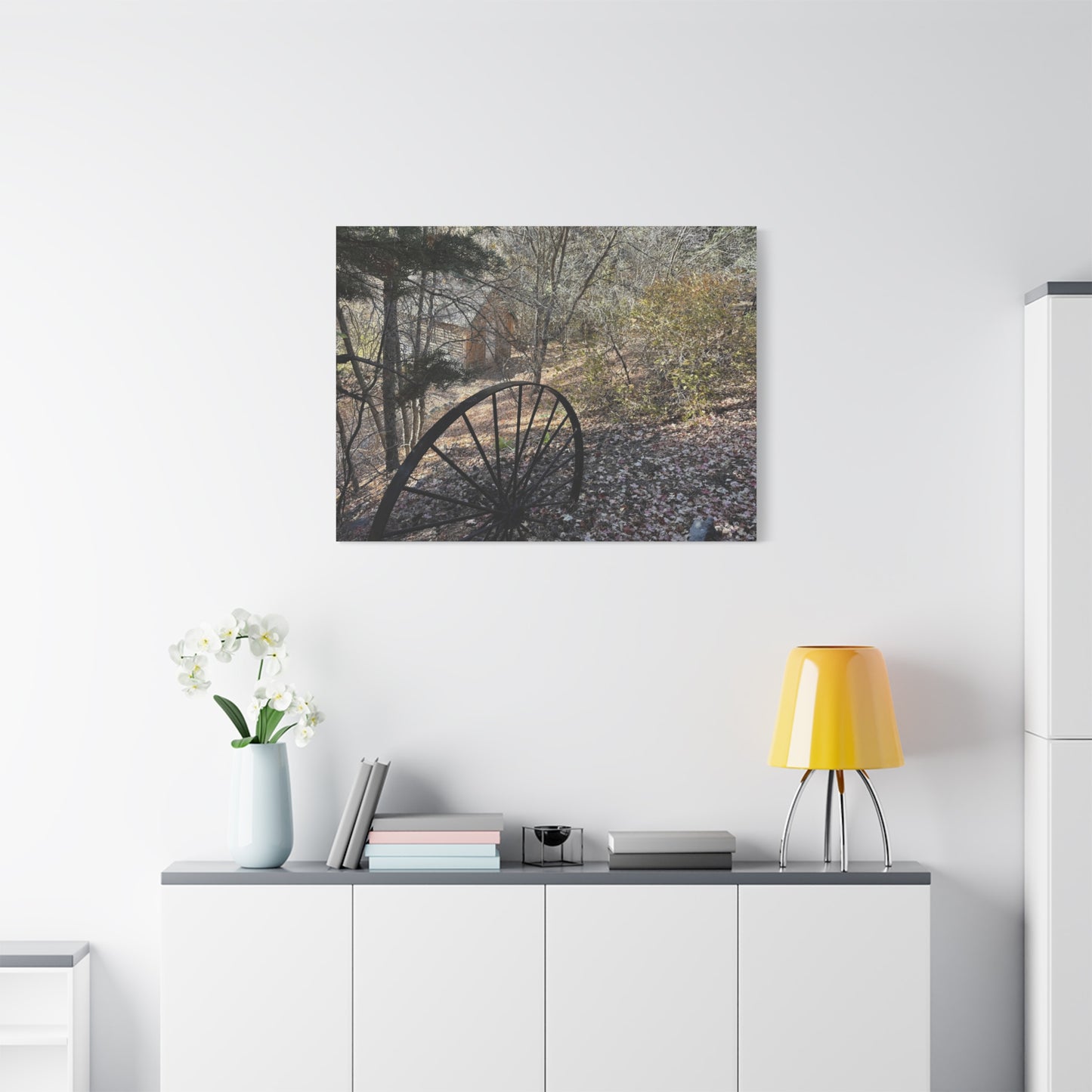 Rustic Landscape Canvas Wall Art - Nature Scene with Vintage Wheel
