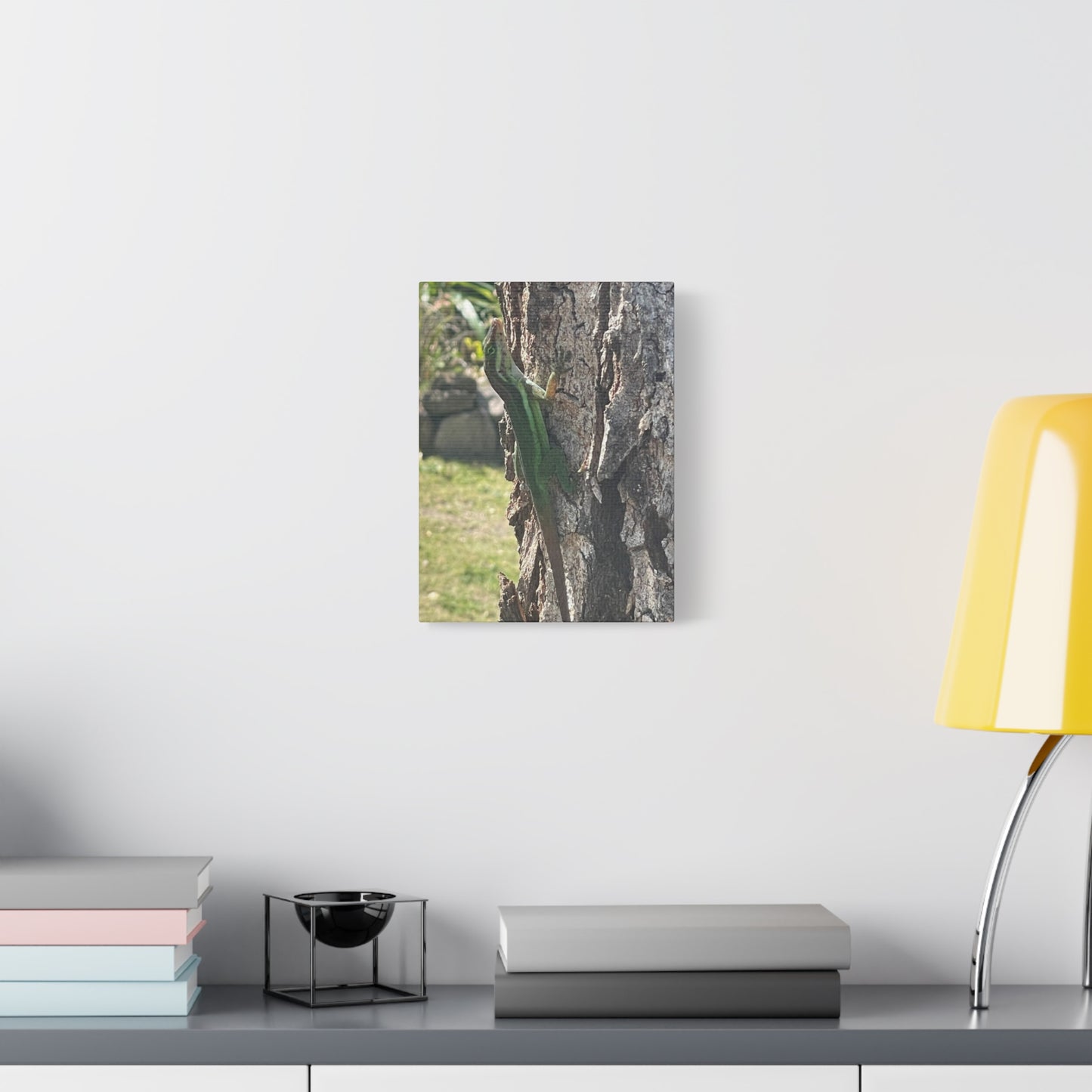 Nature-Inspired Stretched Canvas Art featuring Green Lizard on Tree