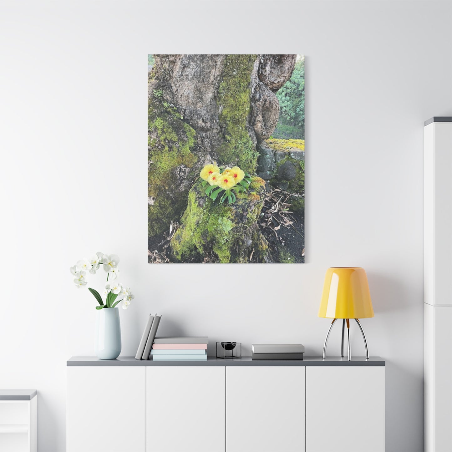 Floral Matte Canvas Art - Yellow Orchid and Moss Decor