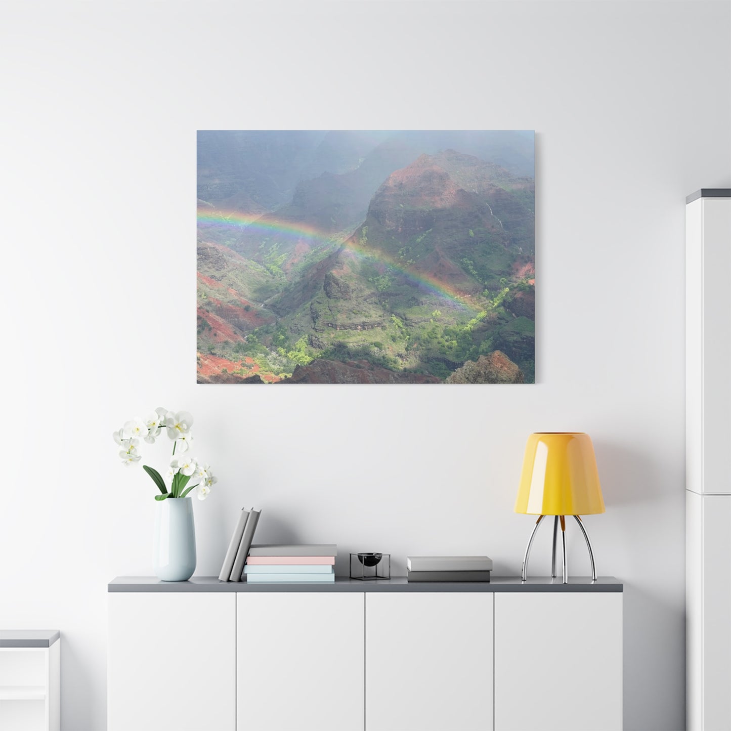 Rainbow Over Mountains Canvas Print - Nature Wall Art Wiamea Canyon Hawaii
