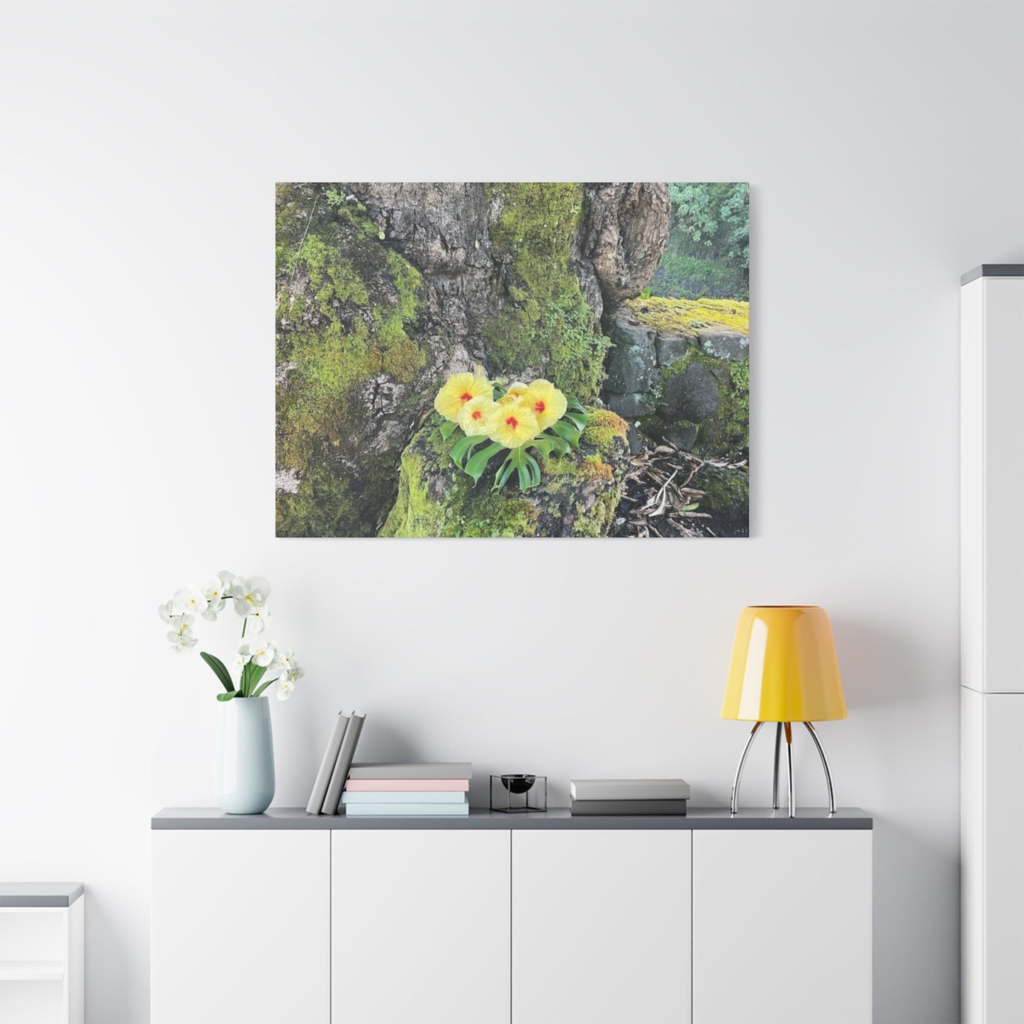 Floral Matte Canvas Art - Yellow Orchid and Moss Decor