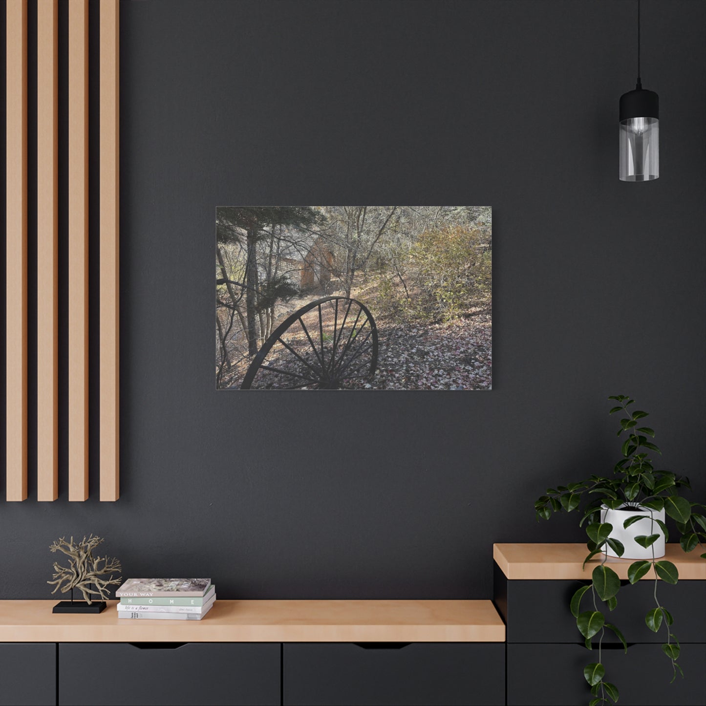 Rustic Landscape Canvas Wall Art - Nature Scene with Vintage Wheel