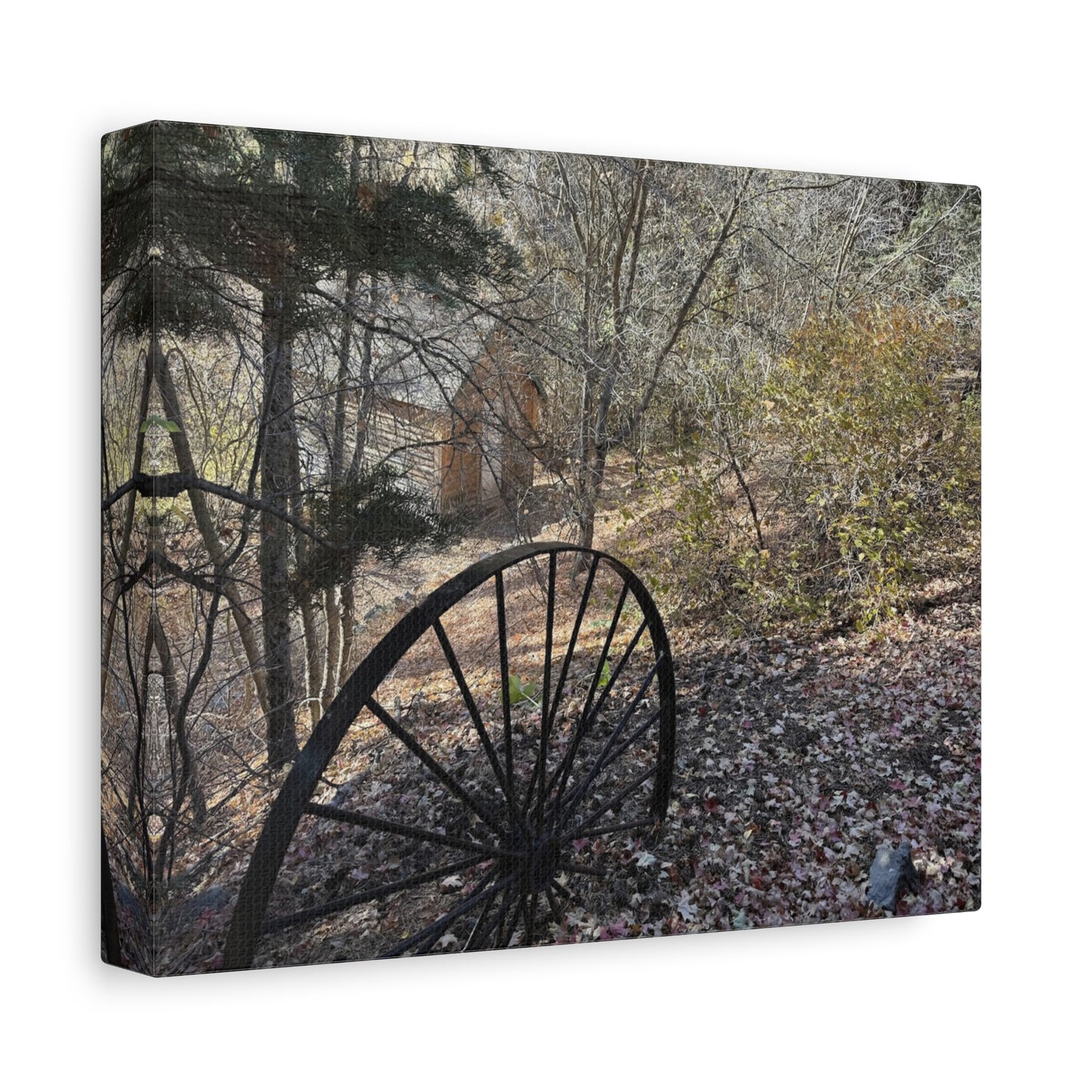 Rustic Landscape Canvas Wall Art - Nature Scene with Vintage Wheel