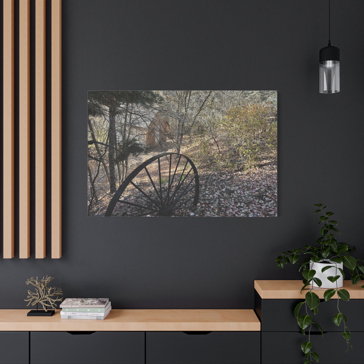 Rustic Landscape Canvas Wall Art - Nature Scene with Vintage Wheel