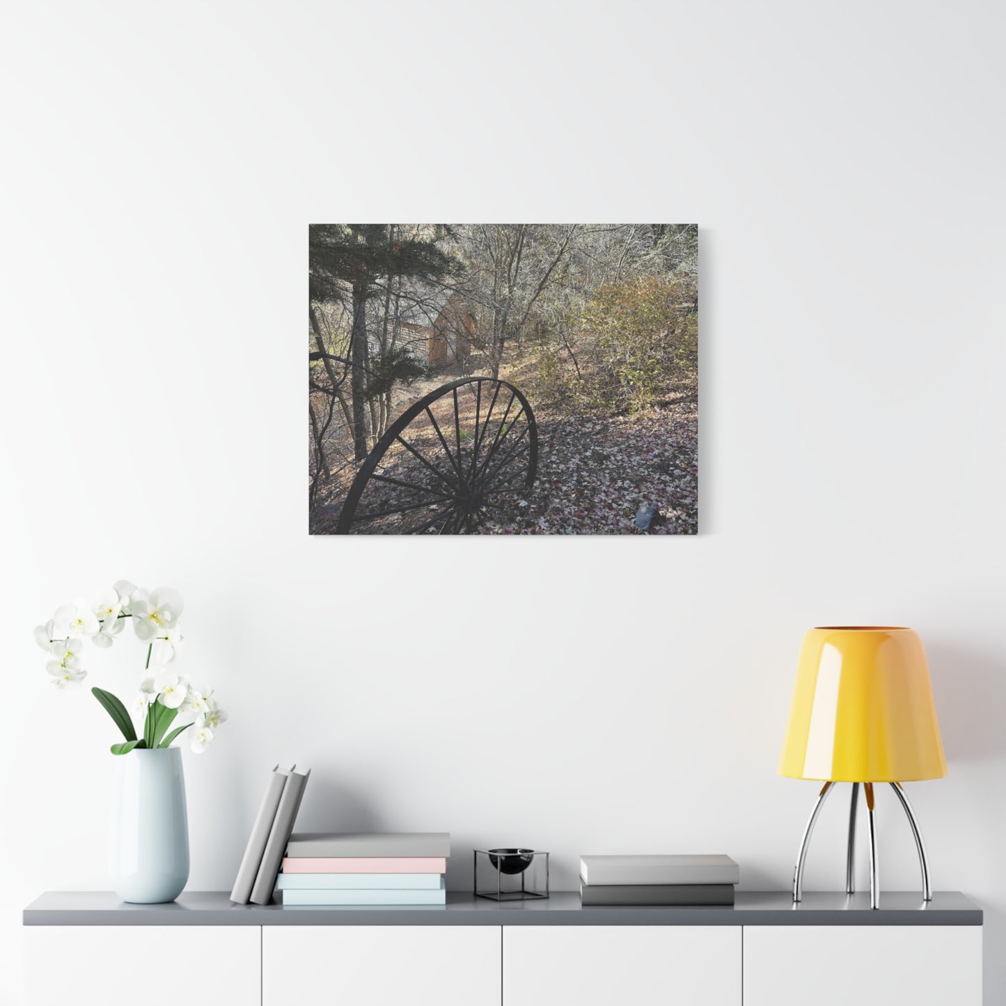 Rustic Landscape Canvas Wall Art - Nature Scene with Vintage Wheel