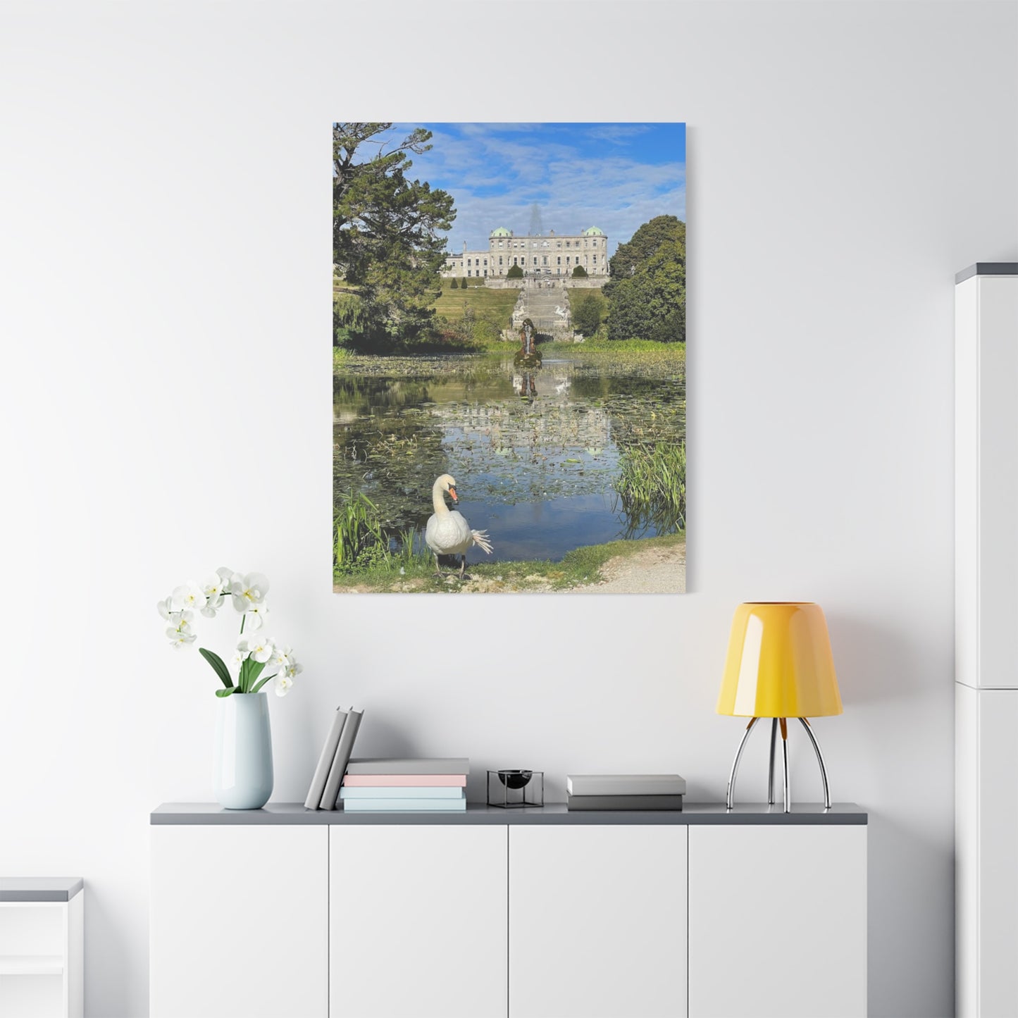 Stretched Matte Canvas Print - Serene Swan Reflection in Nature Powerscourt Estate, Wicklow Ireland