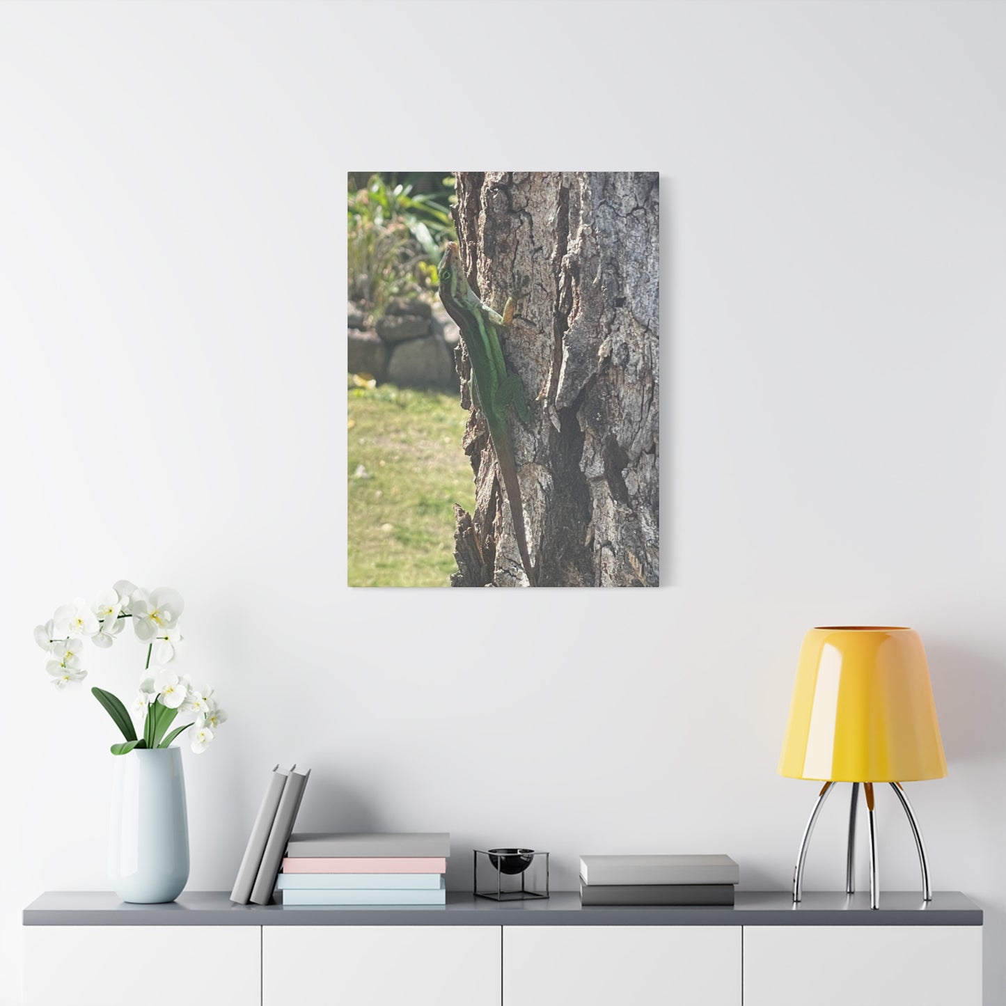 Nature-Inspired Stretched Canvas Art featuring Green Lizard on Tree
