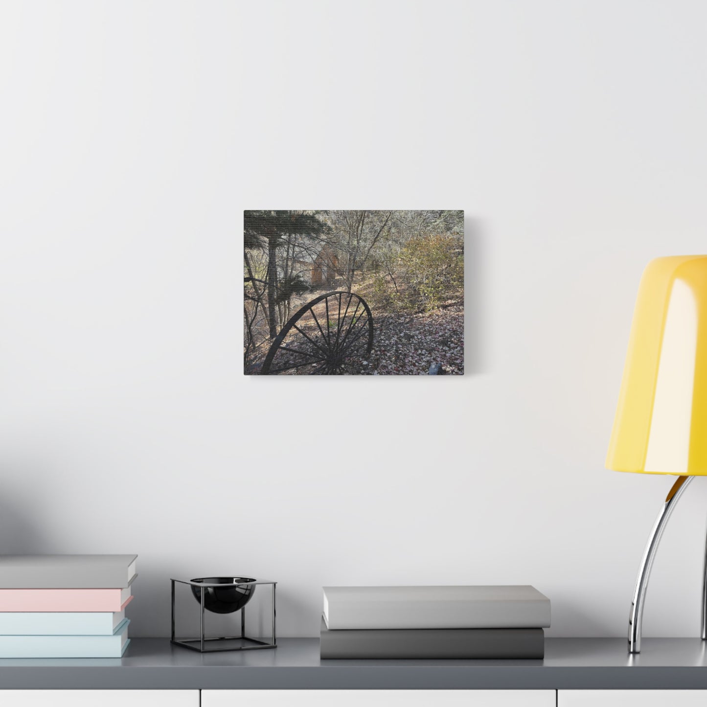 Rustic Landscape Canvas Wall Art - Nature Scene with Vintage Wheel