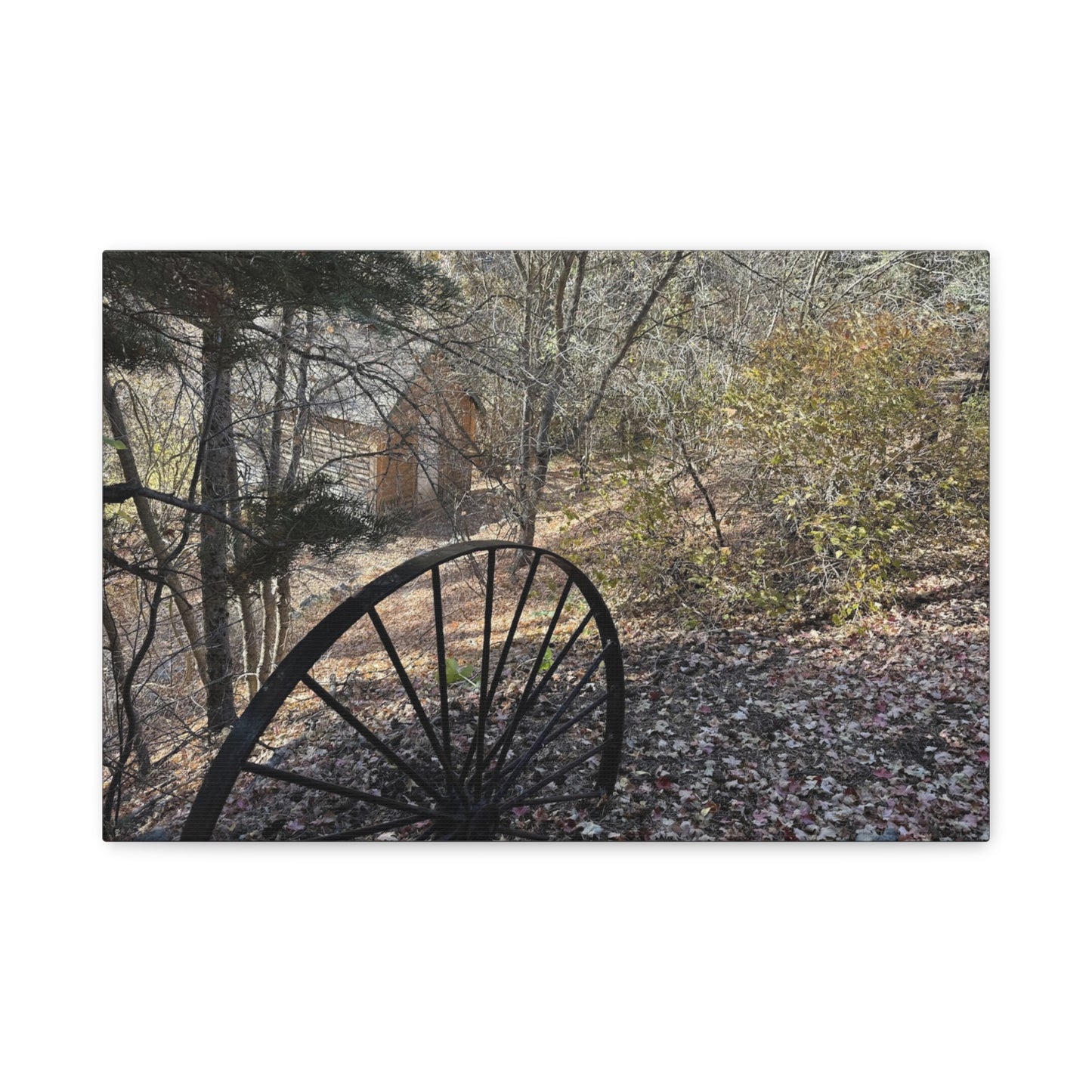 Rustic Landscape Canvas Wall Art - Nature Scene with Vintage Wheel