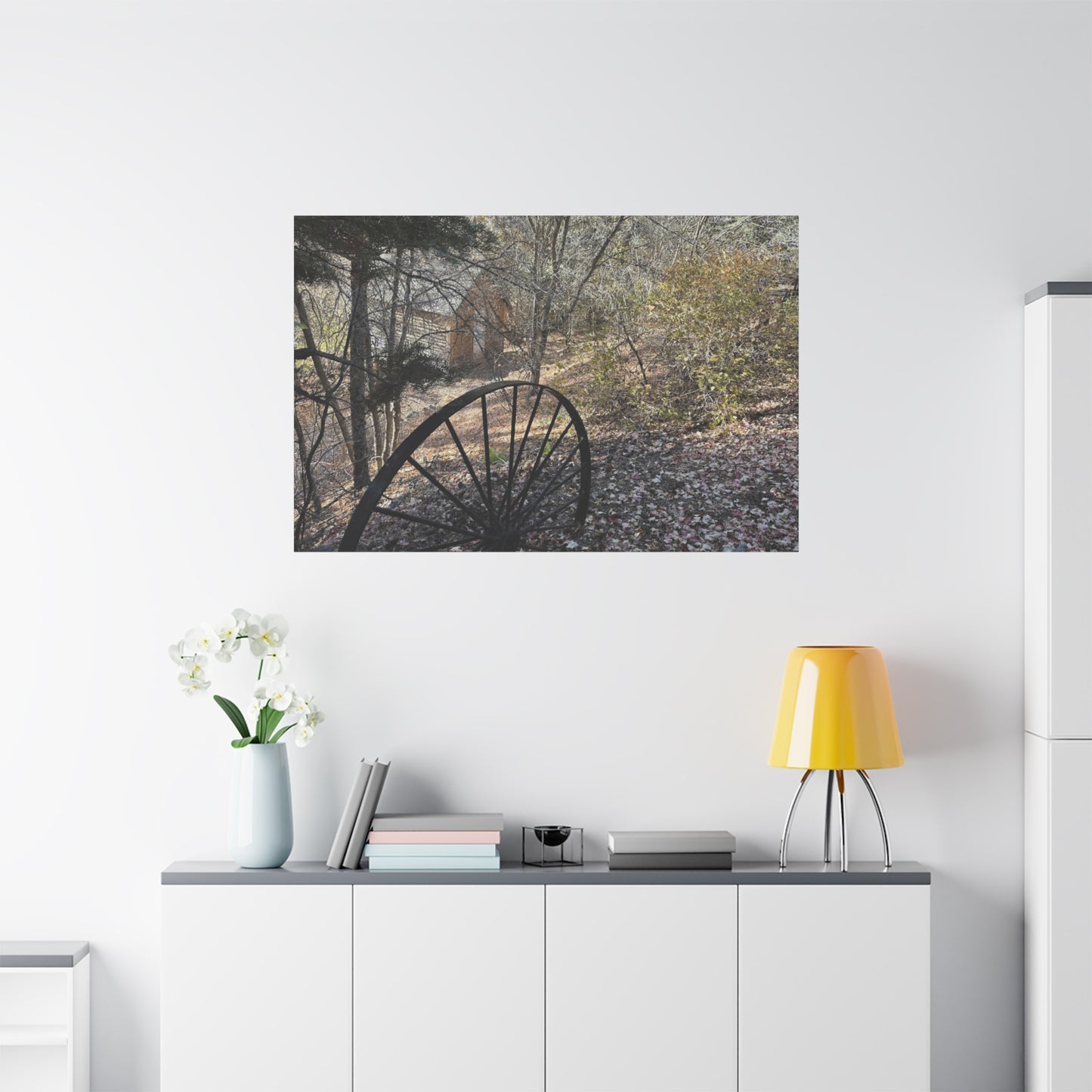 Rustic Landscape Canvas Wall Art - Nature Scene with Vintage Wheel