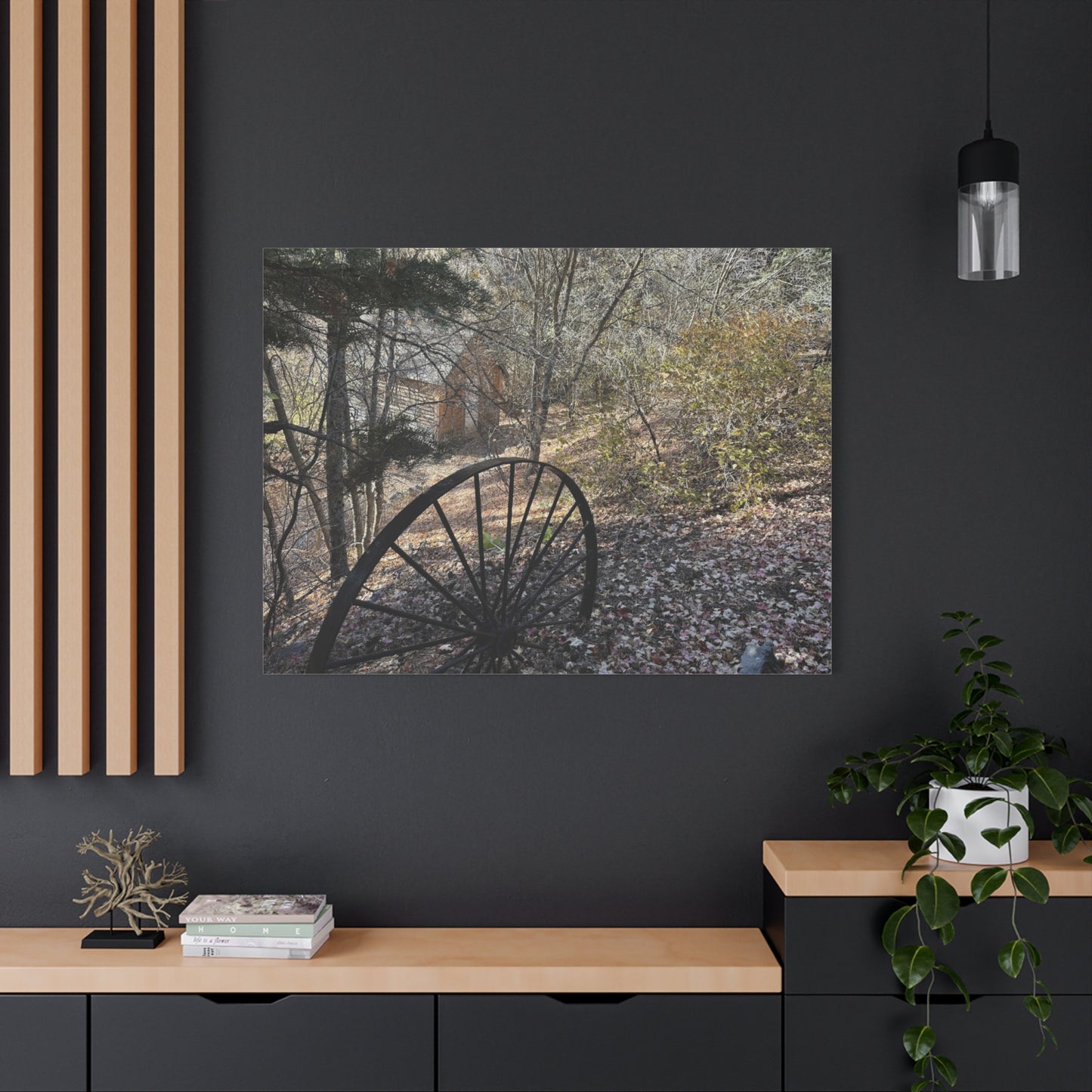 Rustic Landscape Canvas Wall Art - Nature Scene with Vintage Wheel