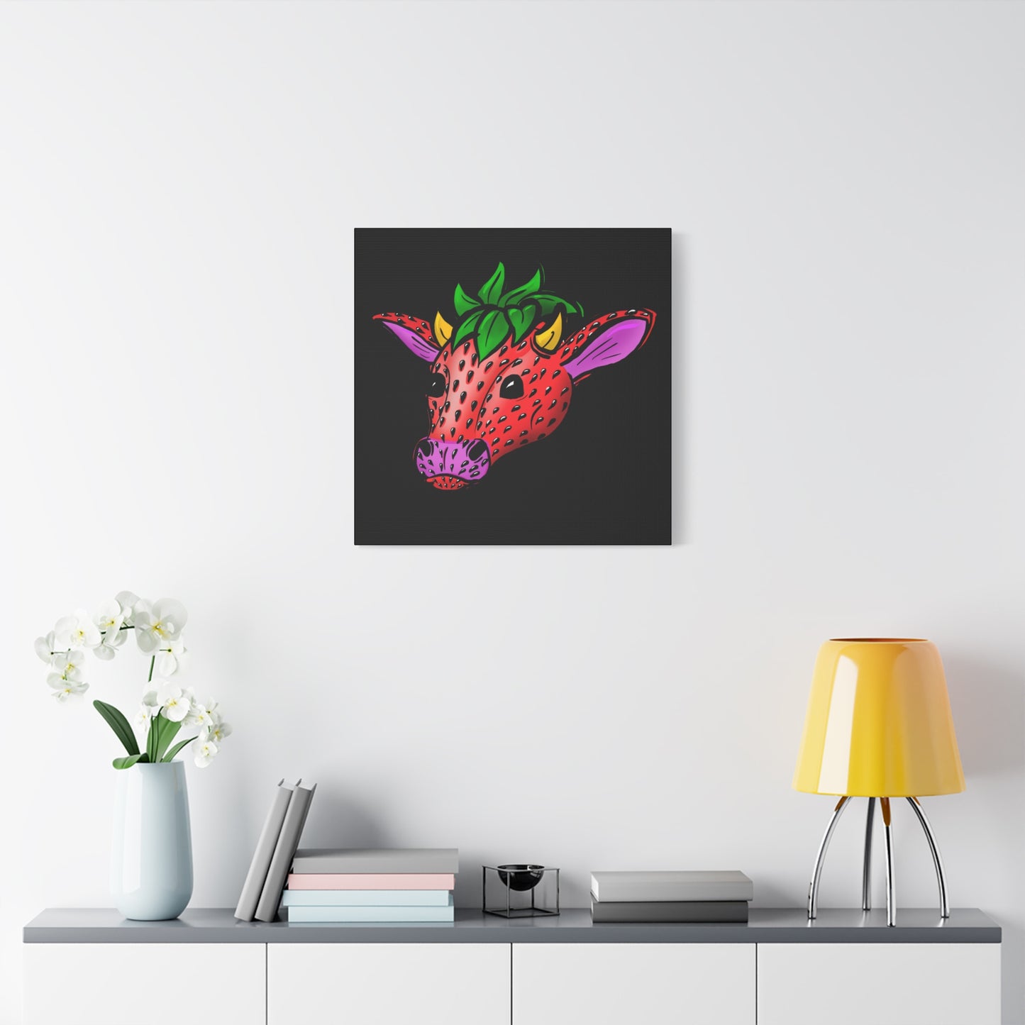 Colorful Cow Canvas Art - Strawberry Cow Stretched Wall Decor