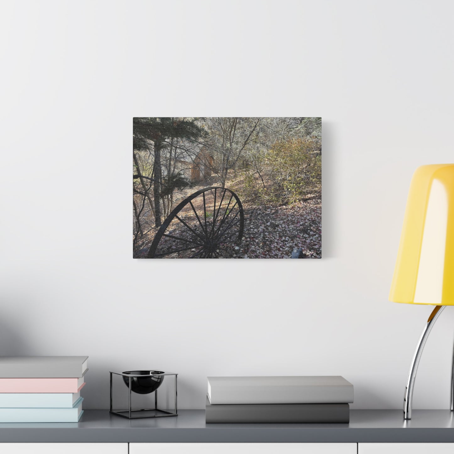 Rustic Landscape Canvas Wall Art - Nature Scene with Vintage Wheel