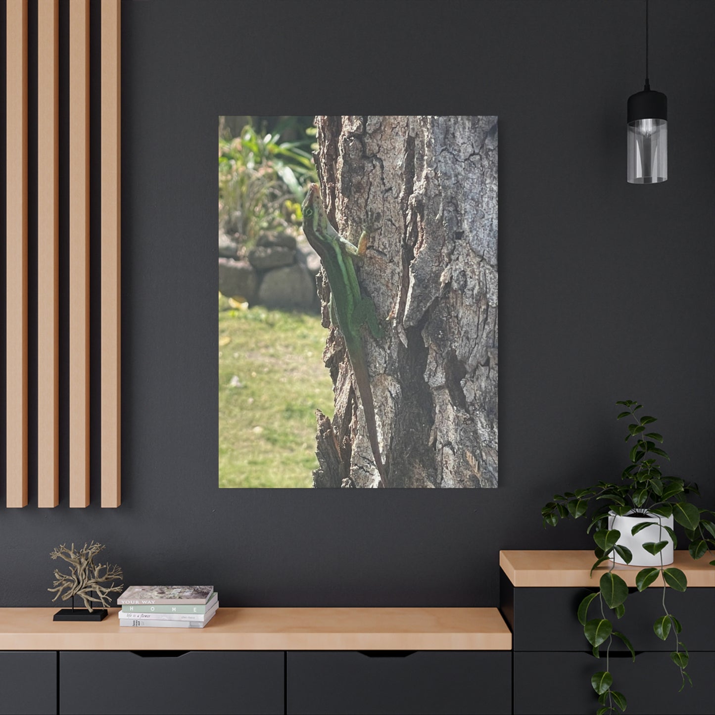 Nature-Inspired Stretched Canvas Art featuring Green Lizard on Tree