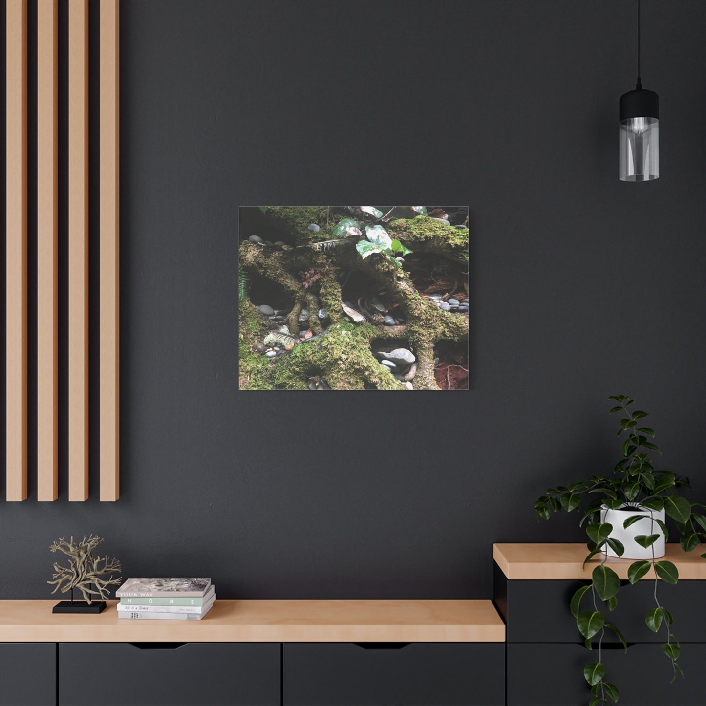Nature-Inspired Matte Canvas Wall Art - Serene Root and Stone Design