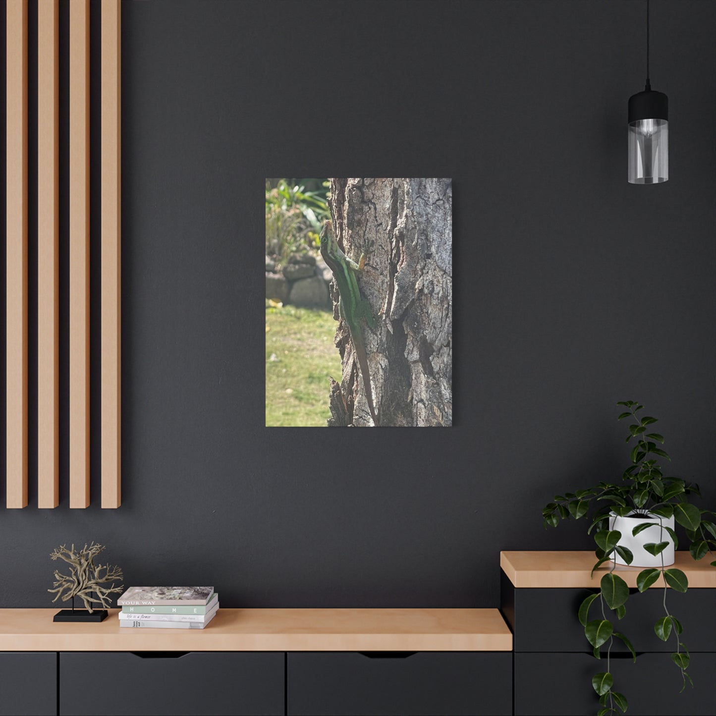 Nature-Inspired Stretched Canvas Art featuring Green Lizard on Tree