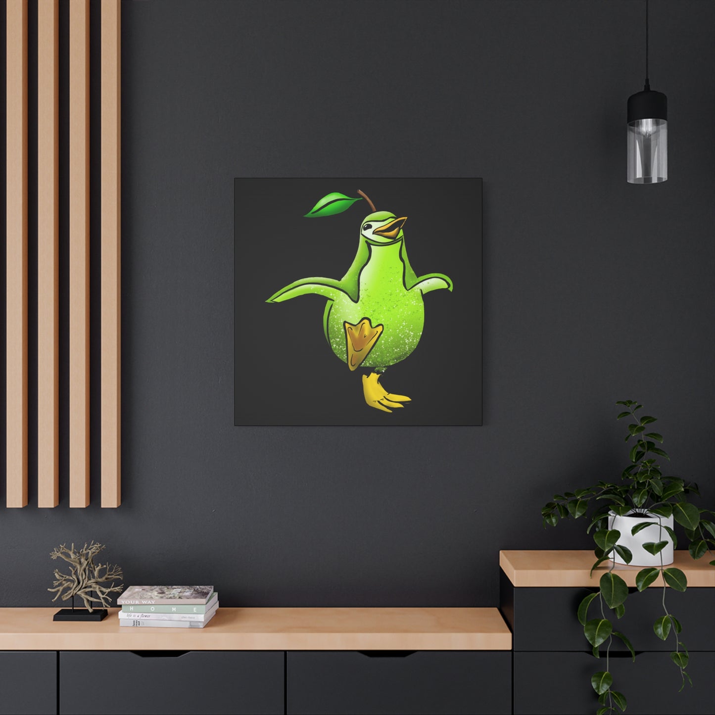 Whimsical Green Bird Pear Penguin Canvas Art - Charming Decor for Home and Office