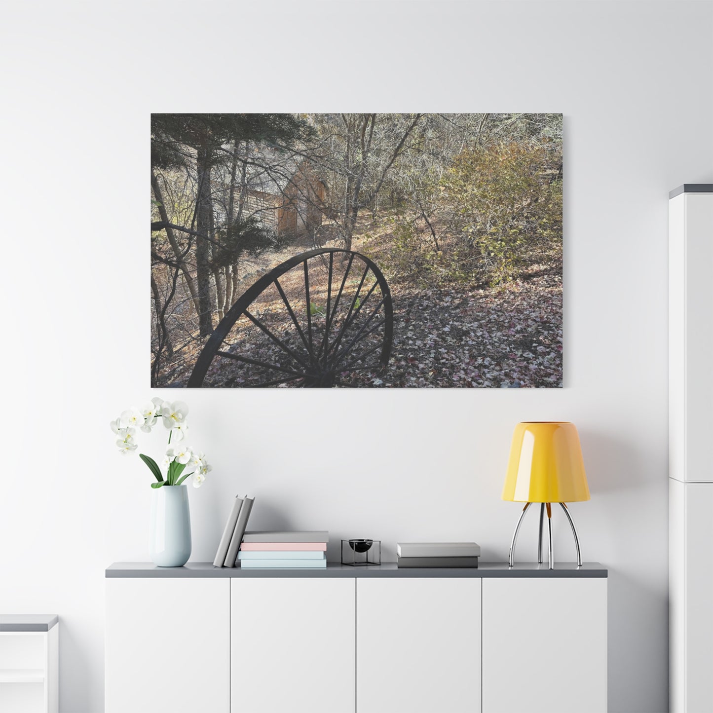Rustic Landscape Canvas Wall Art - Nature Scene with Vintage Wheel