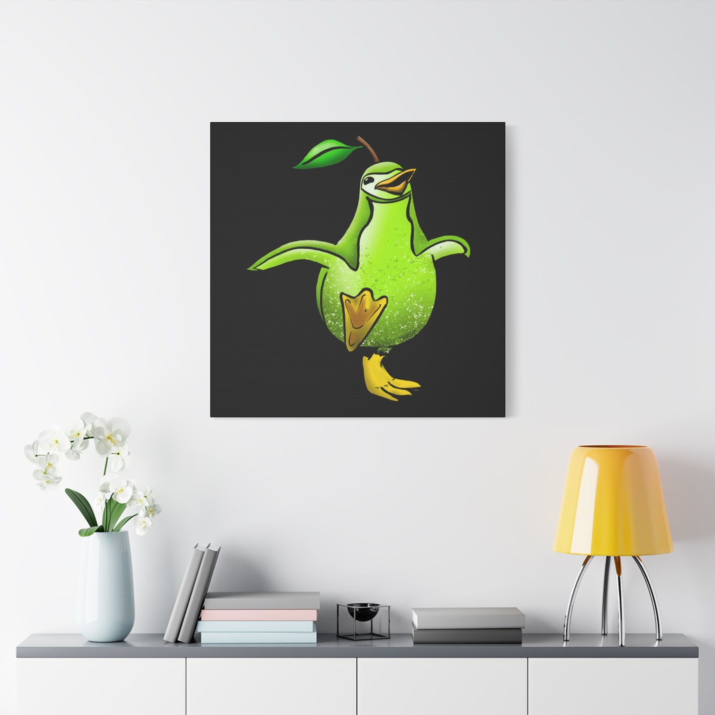 Whimsical Green Bird Pear Penguin Canvas Art - Charming Decor for Home and Office