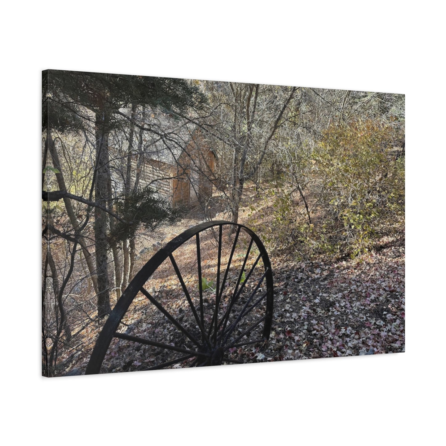 Rustic Landscape Canvas Wall Art - Nature Scene with Vintage Wheel