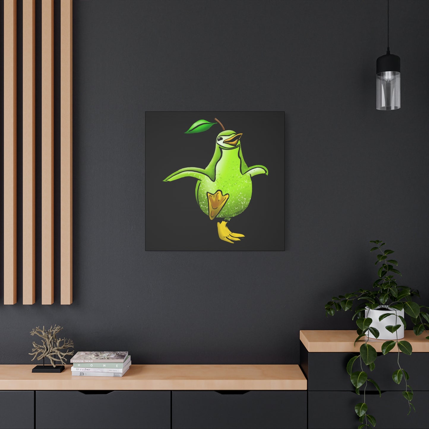 Whimsical Green Bird Pear Penguin Canvas Art - Charming Decor for Home and Office