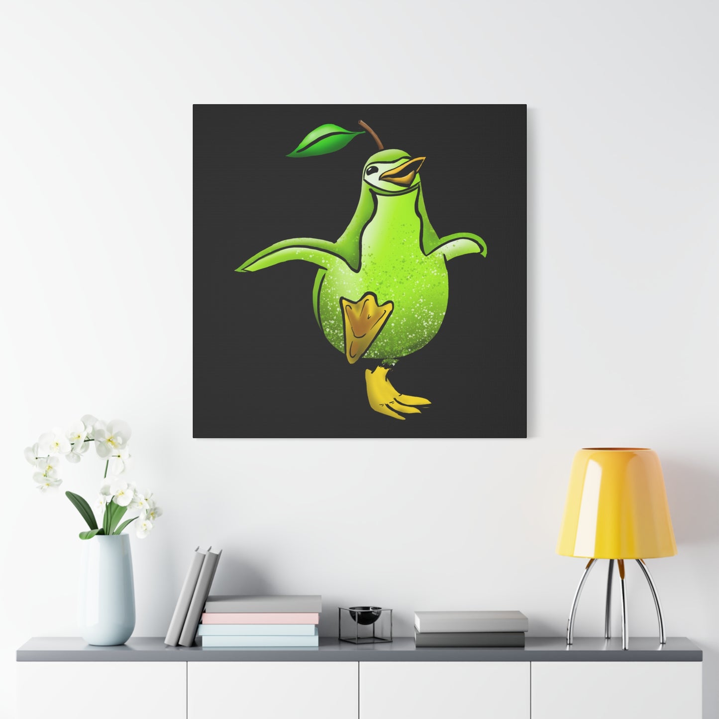 Whimsical Green Bird Pear Penguin Canvas Art - Charming Decor for Home and Office