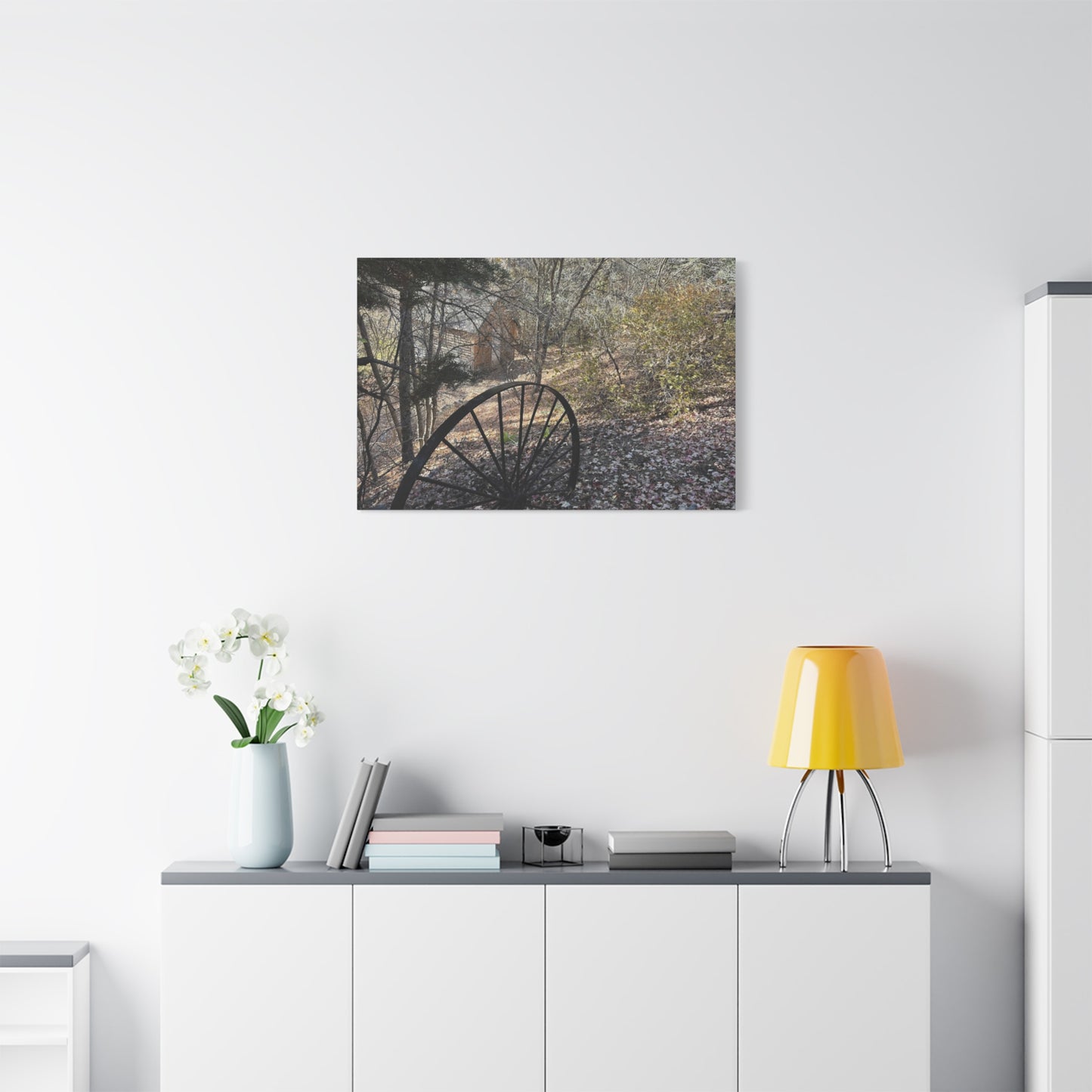 Rustic Landscape Canvas Wall Art - Nature Scene with Vintage Wheel