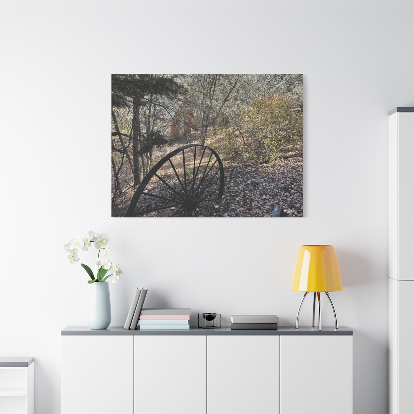 Rustic Landscape Canvas Wall Art - Nature Scene with Vintage Wheel