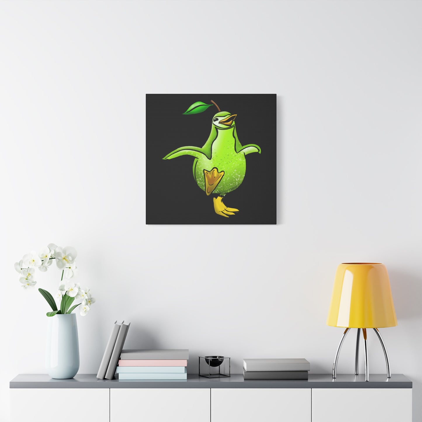 Whimsical Green Bird Pear Penguin Canvas Art - Charming Decor for Home and Office