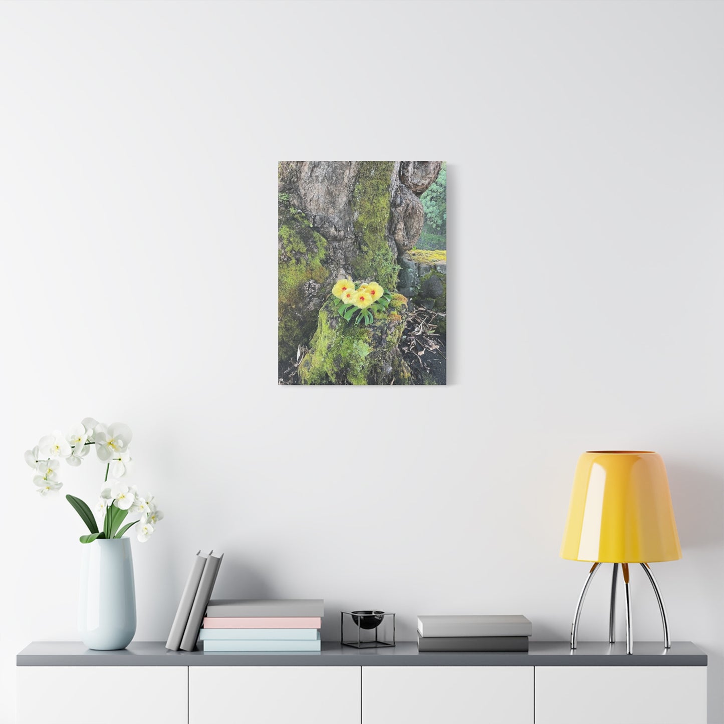 Floral Matte Canvas Art - Yellow Orchid and Moss Decor