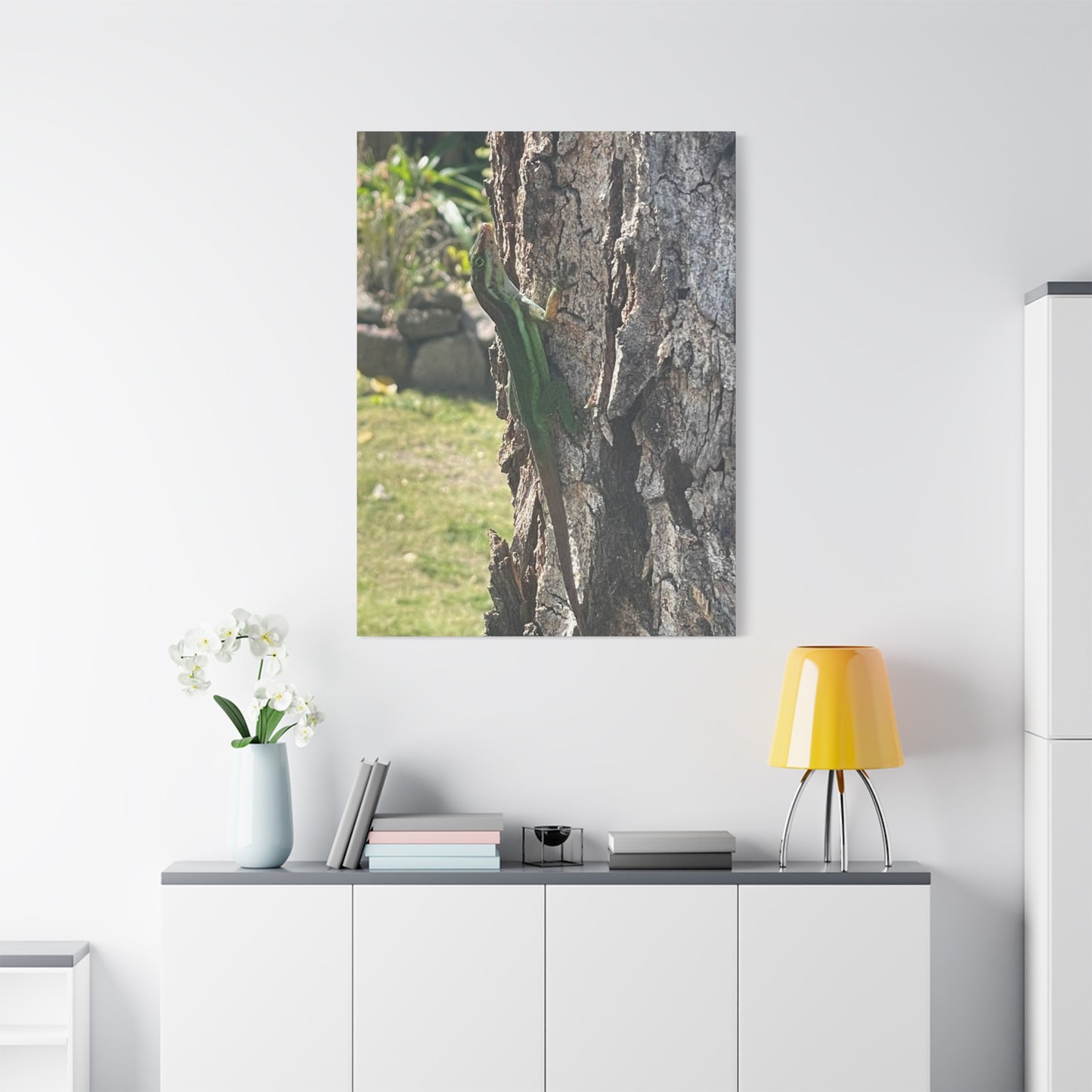Nature-Inspired Stretched Canvas Art featuring Green Lizard on Tree