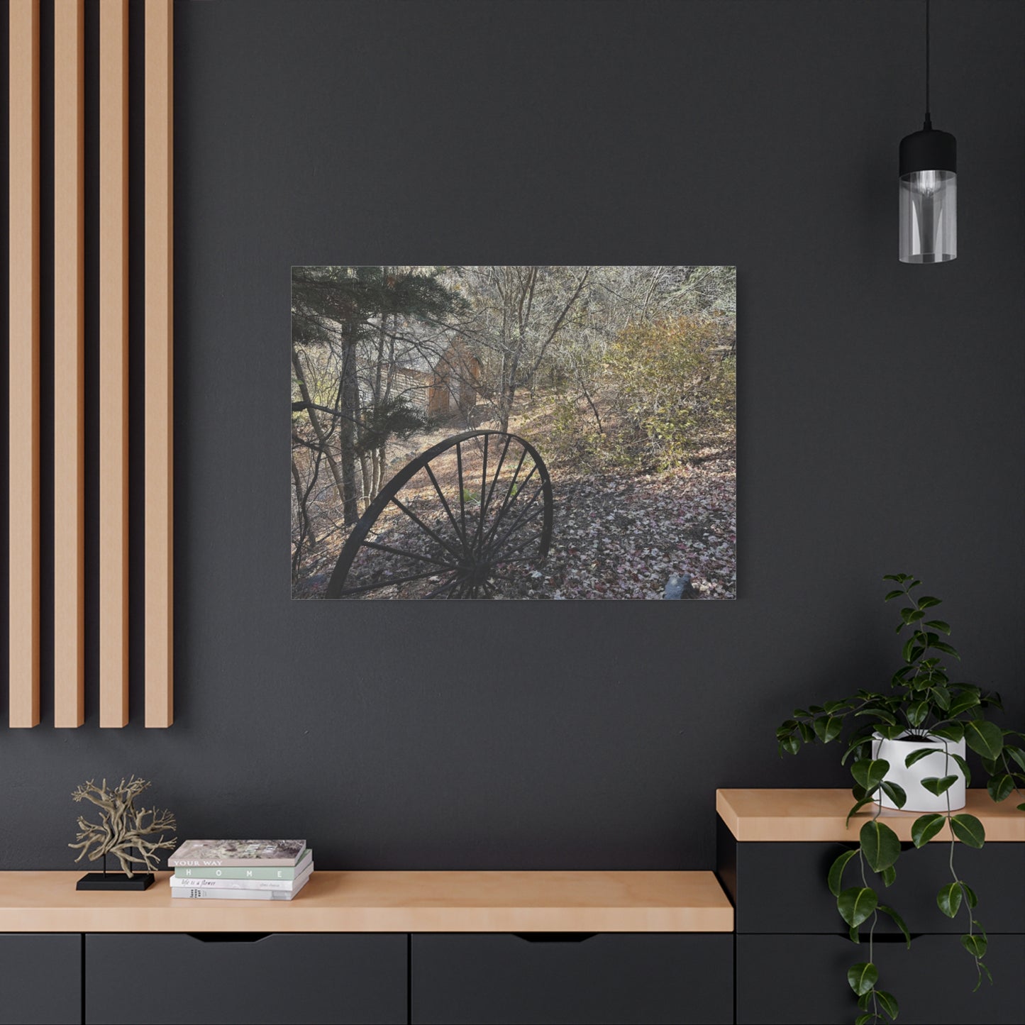 Rustic Landscape Canvas Wall Art - Nature Scene with Vintage Wheel