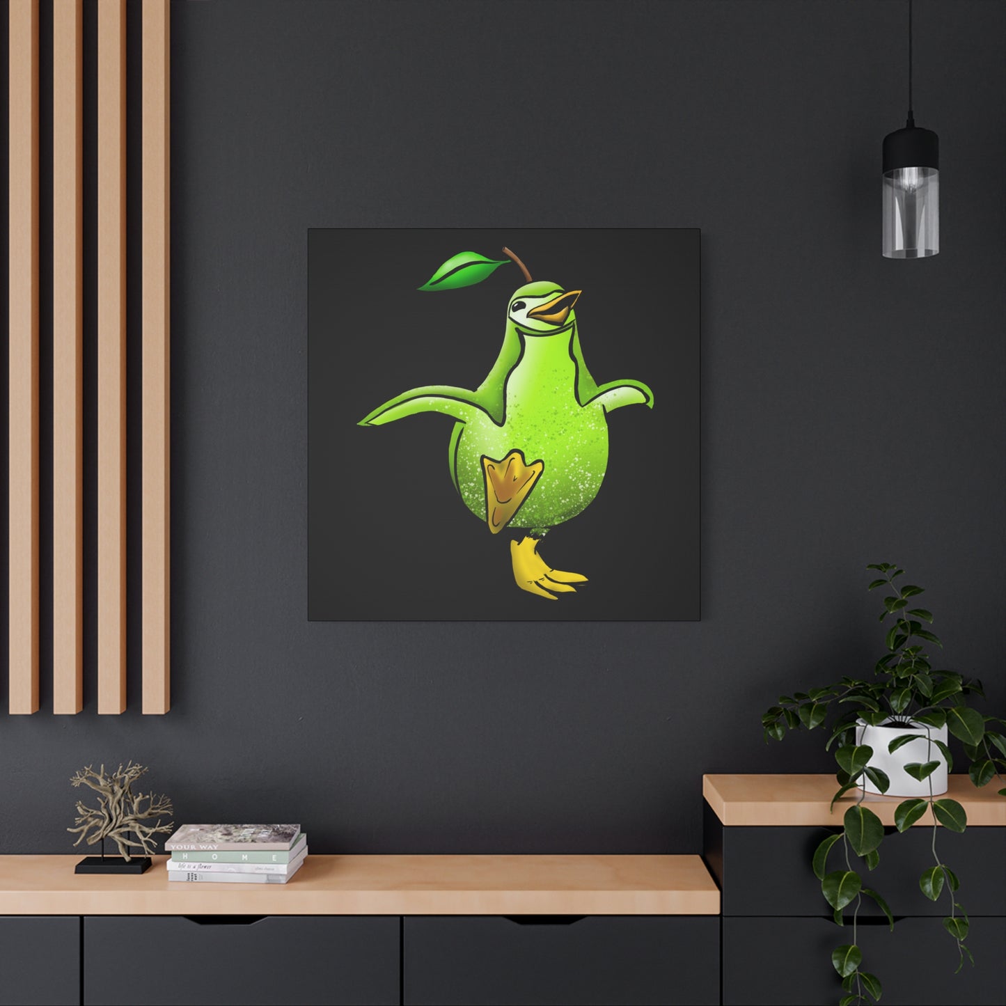 Whimsical Green Bird Pear Penguin Canvas Art - Charming Decor for Home and Office