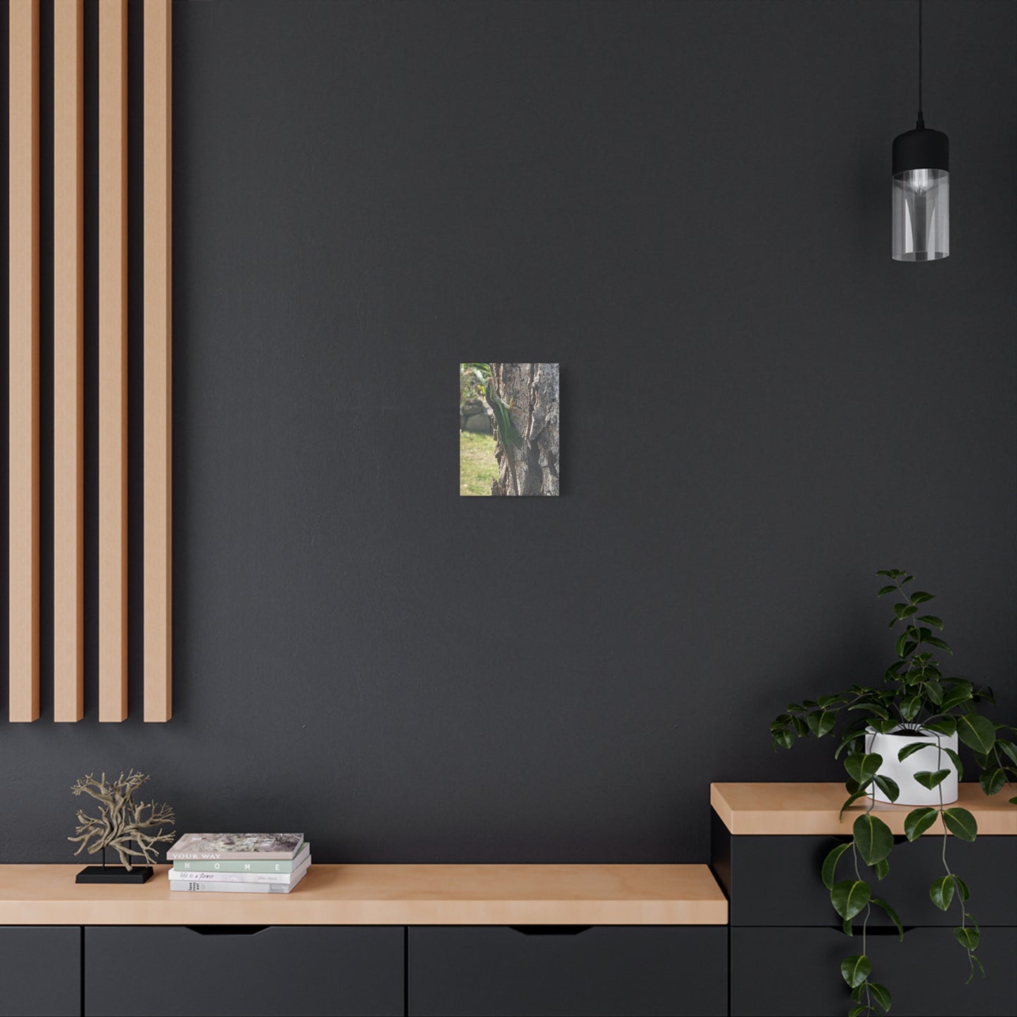 Nature-Inspired Stretched Canvas Art featuring Green Lizard on Tree