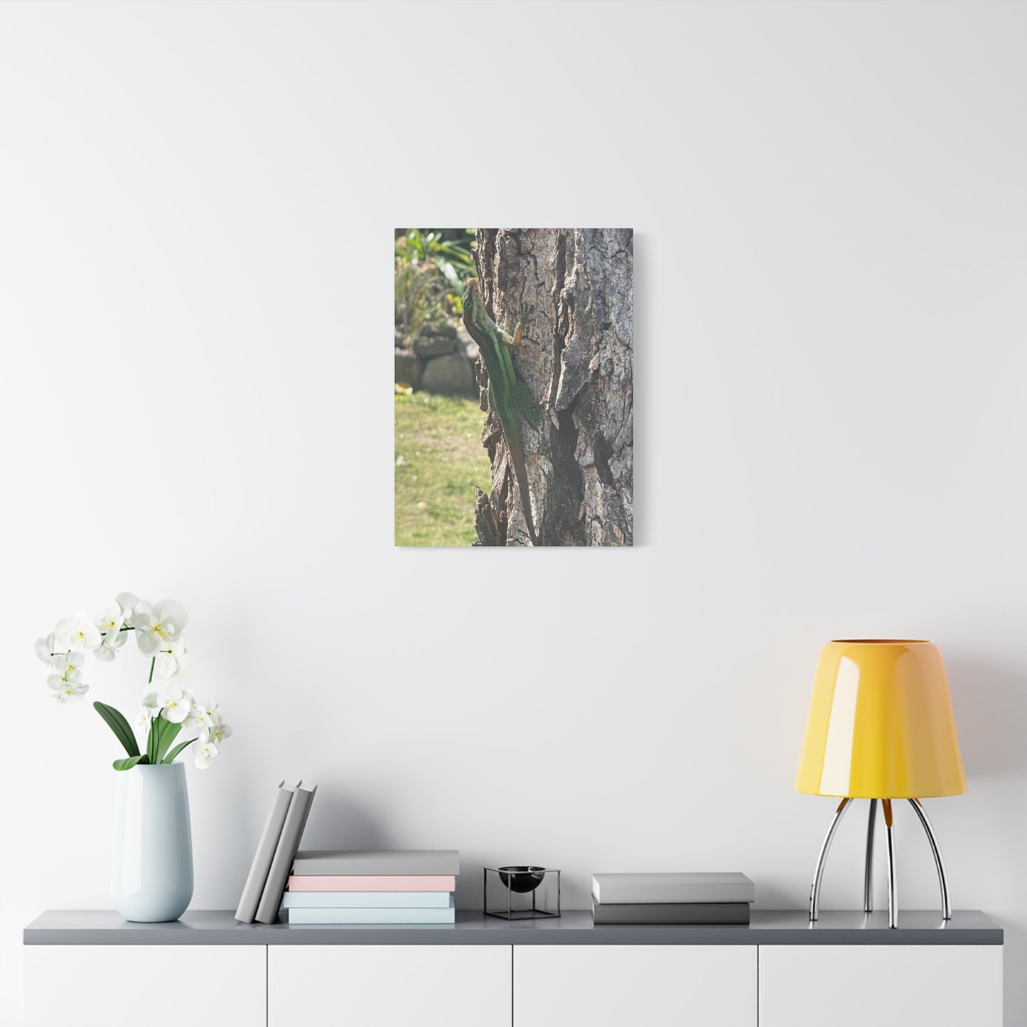 Nature-Inspired Stretched Canvas Art featuring Green Lizard on Tree