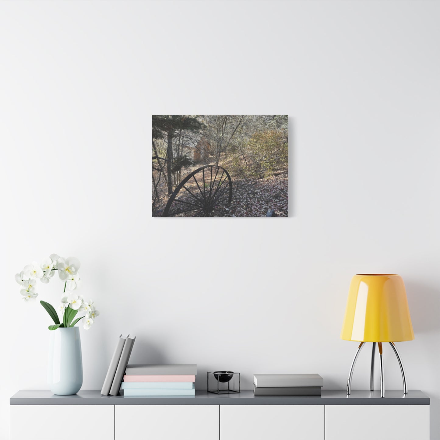 Rustic Landscape Canvas Wall Art - Nature Scene with Vintage Wheel
