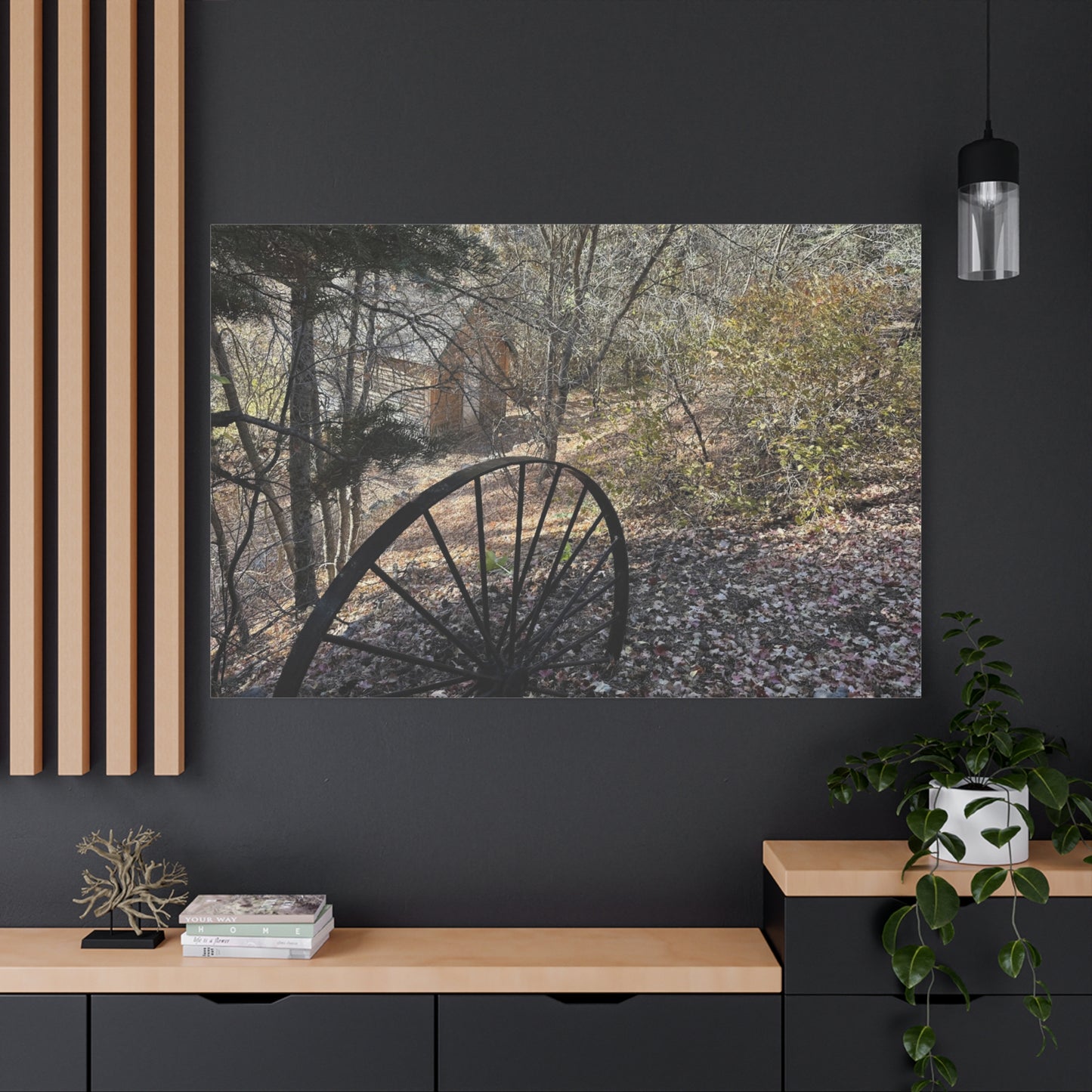 Rustic Landscape Canvas Wall Art - Nature Scene with Vintage Wheel