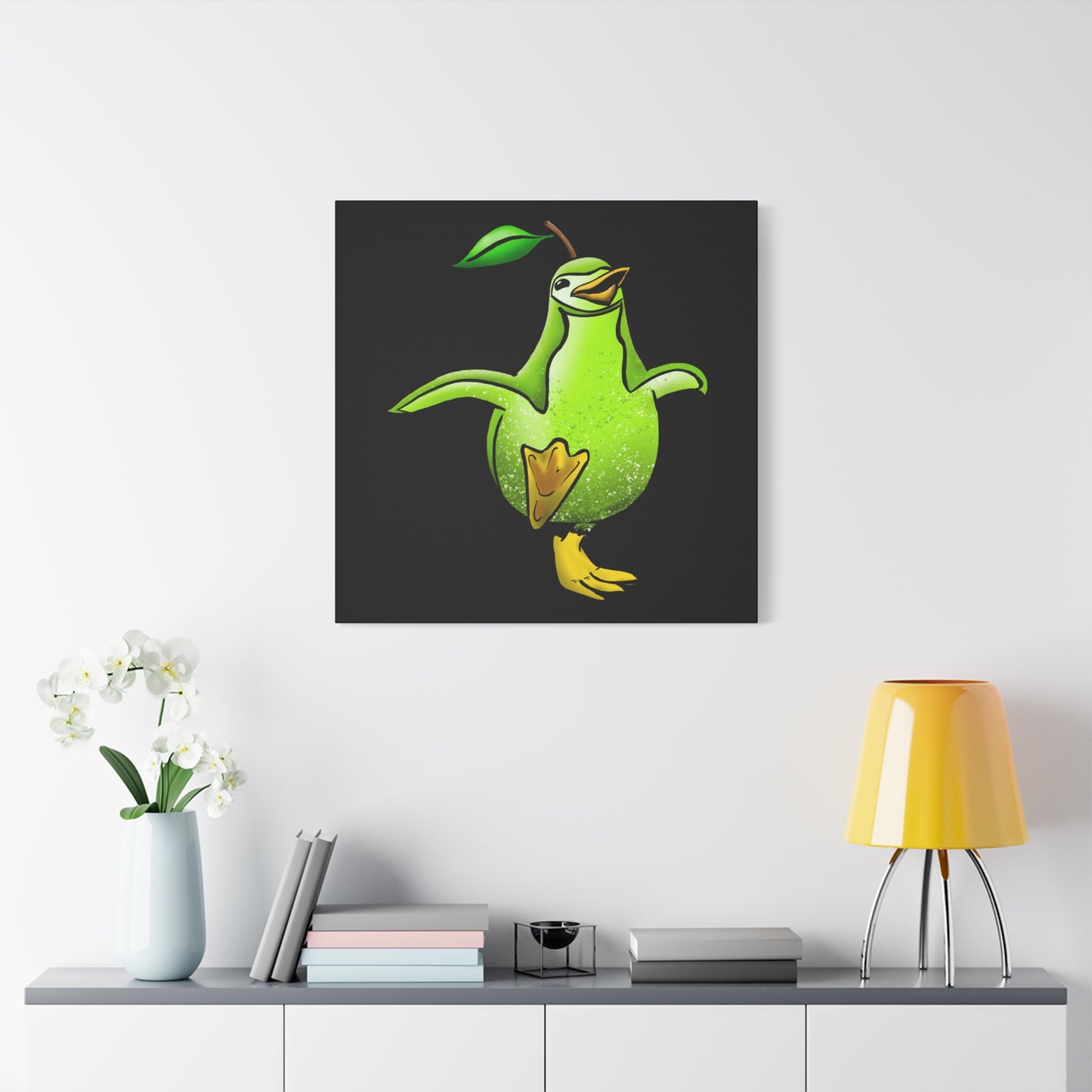 Whimsical Green Bird Pear Penguin Canvas Art - Charming Decor for Home and Office