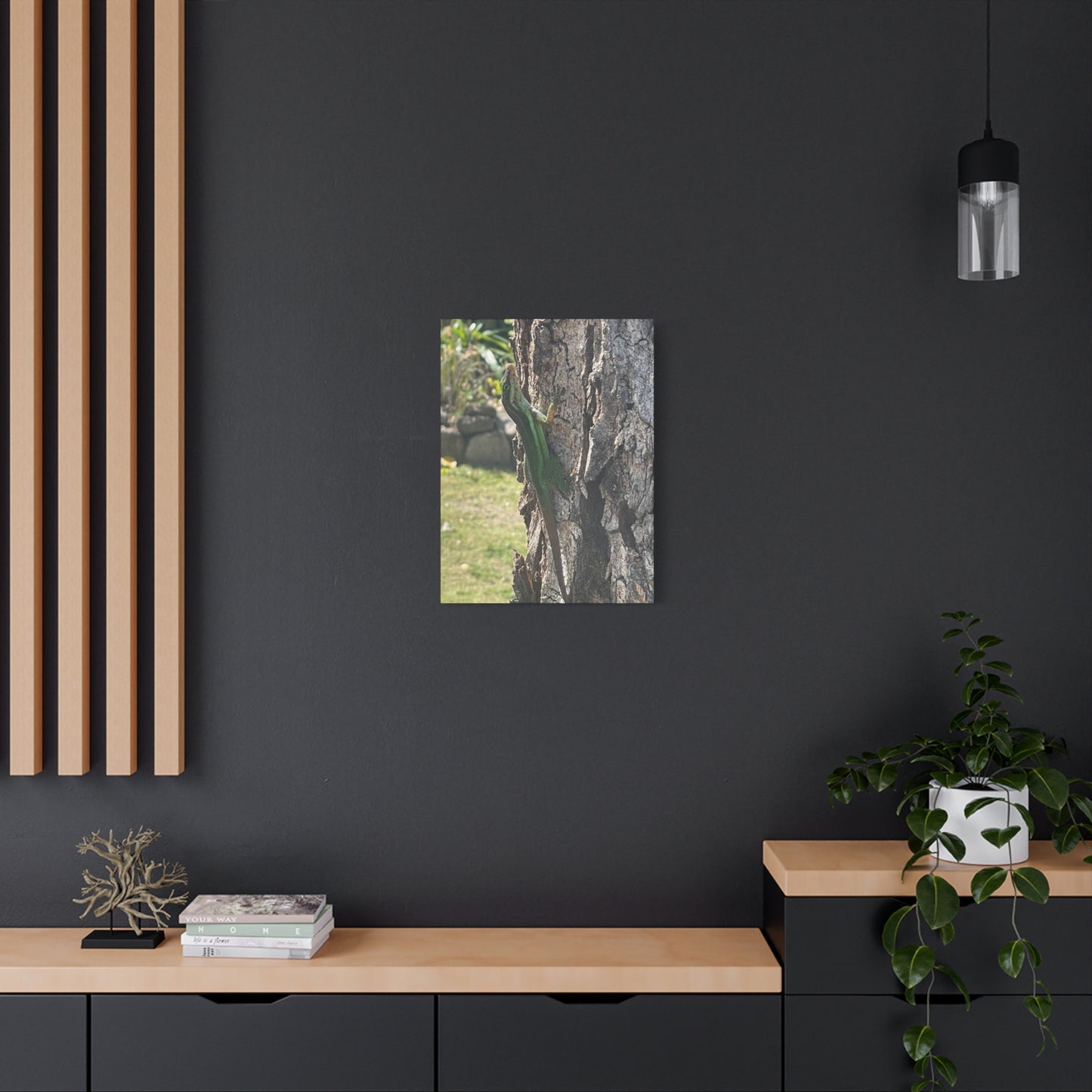 Nature-Inspired Stretched Canvas Art featuring Green Lizard on Tree